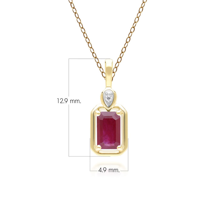 Klassische Halskette mit Rubin-Baguette- und Diamant-Anhänger aus 9 Karat Gelbgold