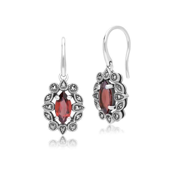 Marquise-Granat- und Markasit-Tropfenohrringe im Art-Deco-Stil aus Sterlingsilber