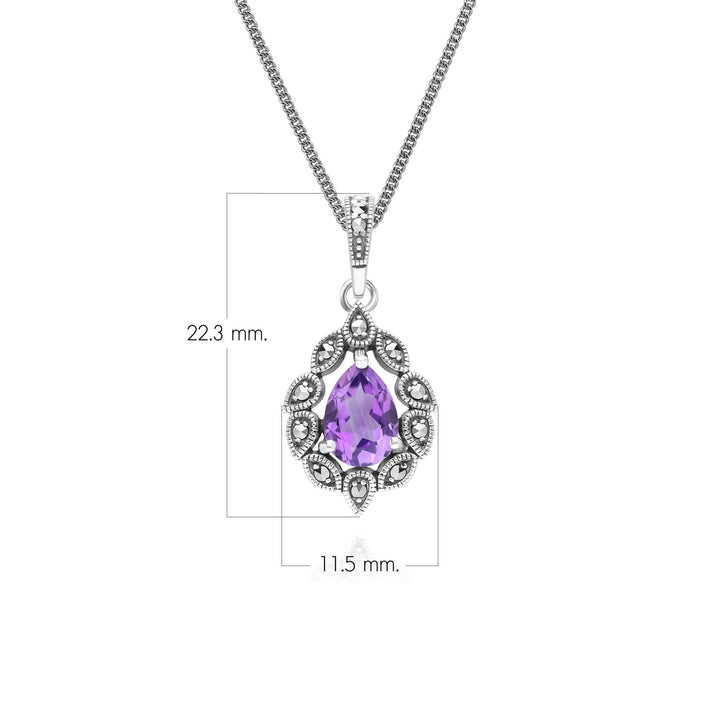 Halskette mit birnenförmigem Amethyst- und Markasit-Anhänger im Art-Deco-Stil aus Sterlingsilber