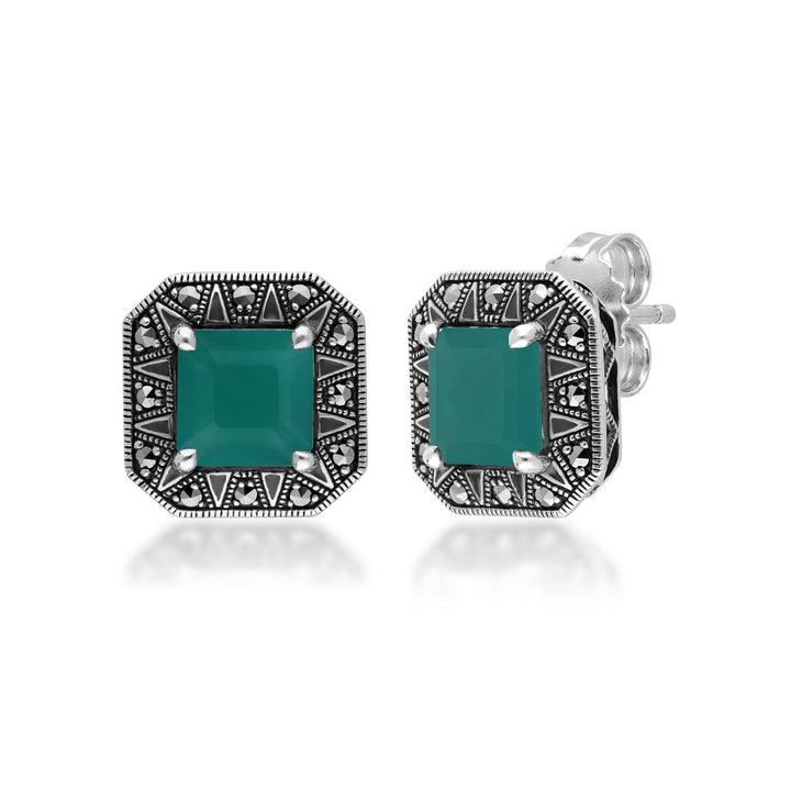 Ohrstecker im Art-Deco-Stil mit quadratischem Chalcedon und Markasit