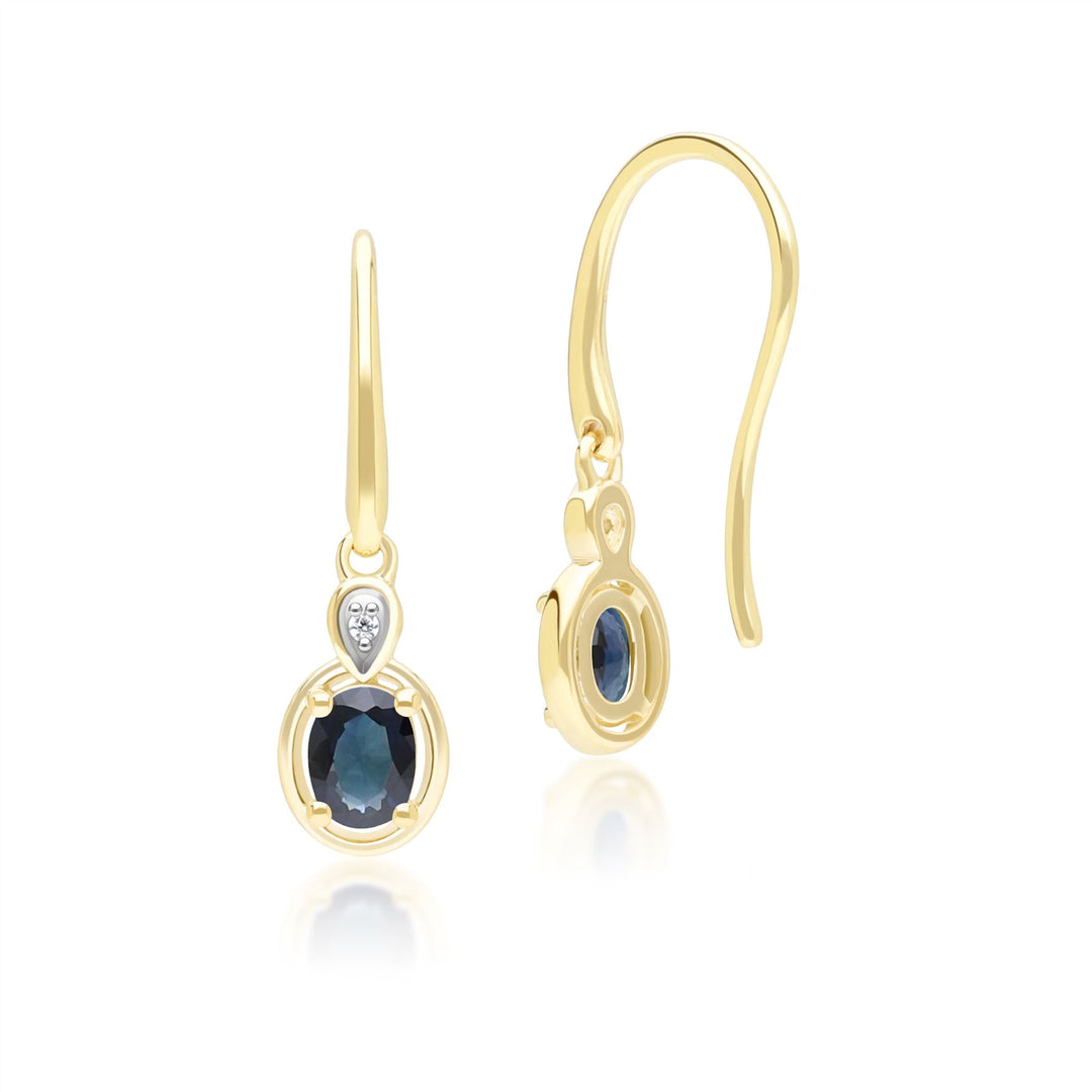 Klassische ovale Saphir- und runde Diamant-Tropfenohrringe aus 9 Karat Gelbgold