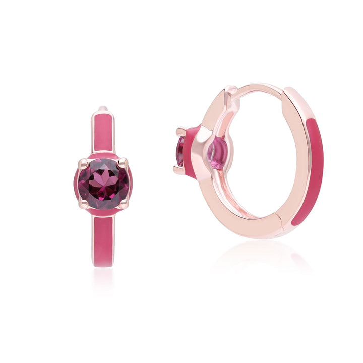 Siberian Waltz – Creolen aus rosa Emaille und rundem Rhodolith in Roségold-Vermeil