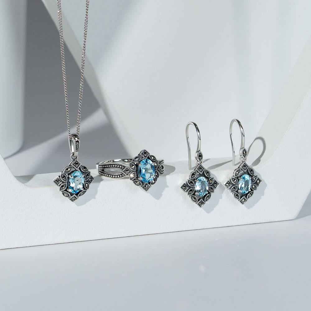Ovale Halskette mit blauem Topas und Markasit-Anhänger im Art-Deco-Stil aus Sterlingsilber