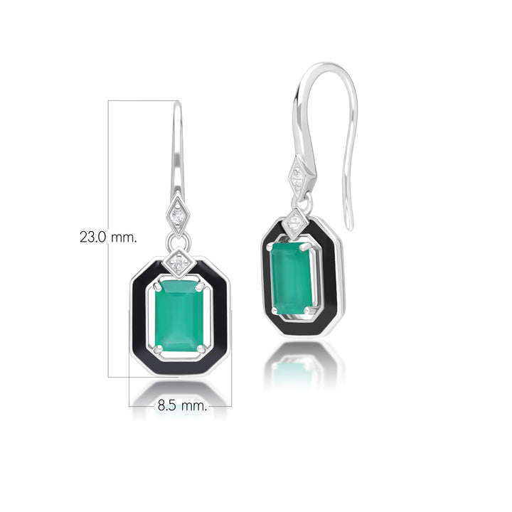 Grand Deco Tropfenohrringe aus Sterlingsilber mit schwarzem Emaille, grünem Chalcedon und Topas