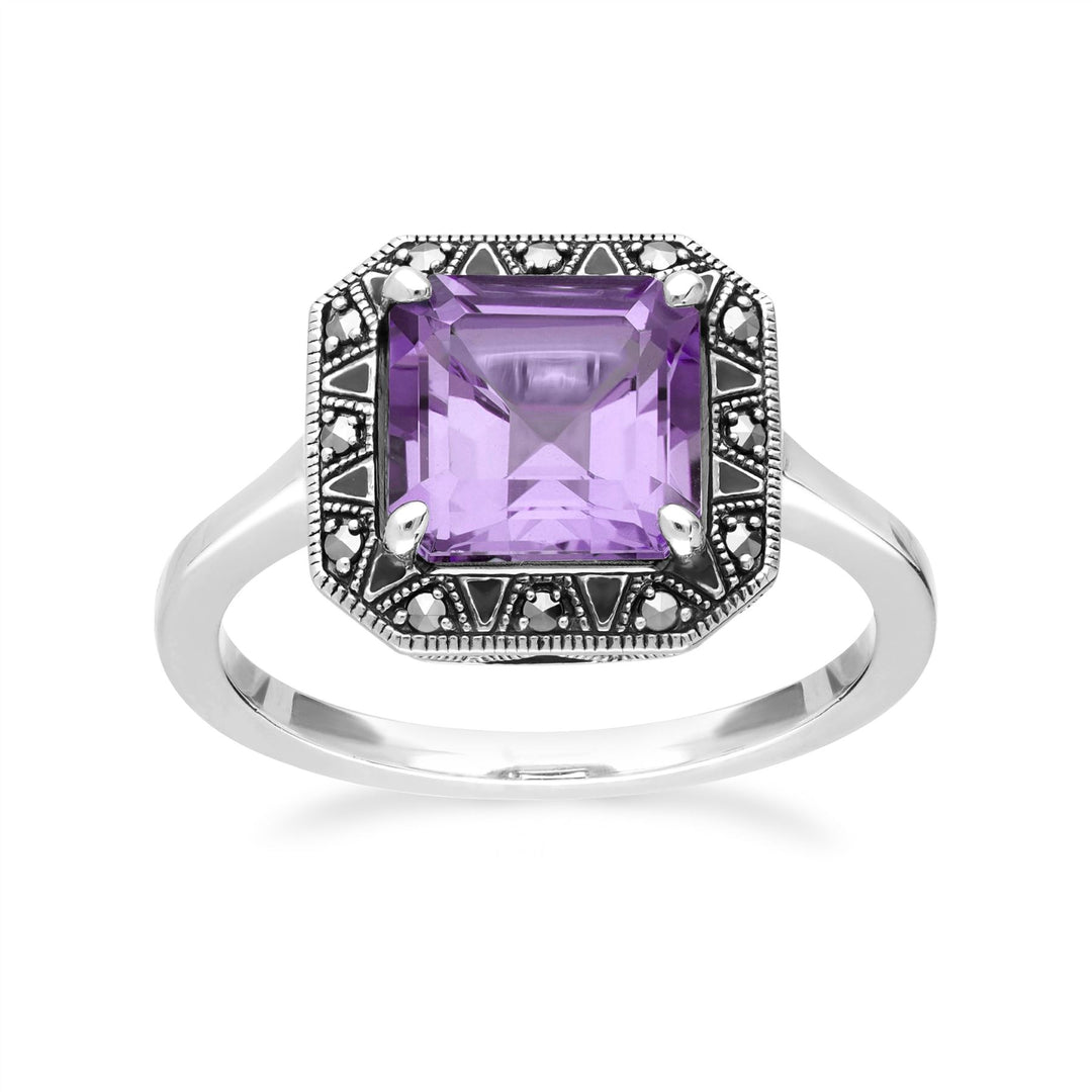 Art Deco-inspirierter Ring mit quadratischem Amethyst und Markasit