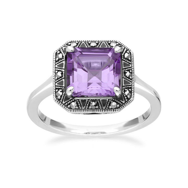 Art Deco-inspirierter Ring mit quadratischem Amethyst und Markasit