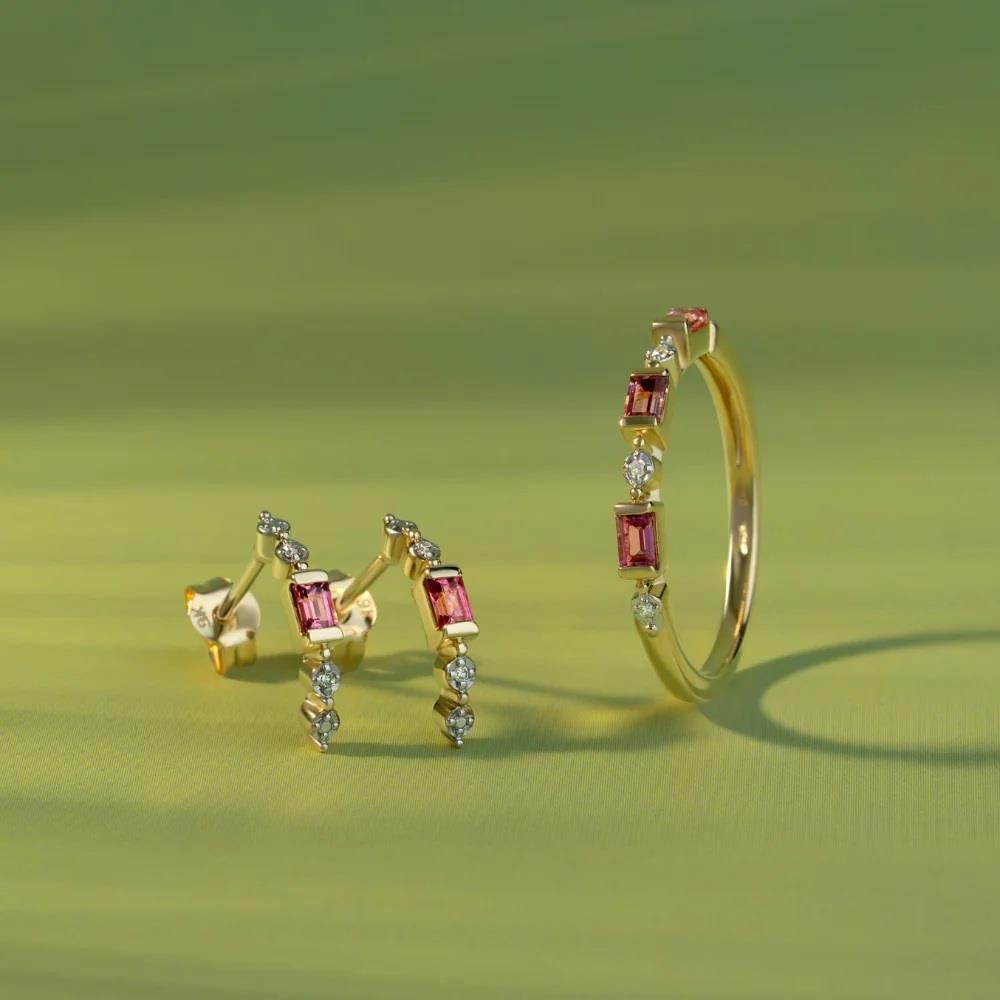 Classic Pink Tourmaline & Diamond Half Eternity Hoop Earrings in 9ct Yellow Gold