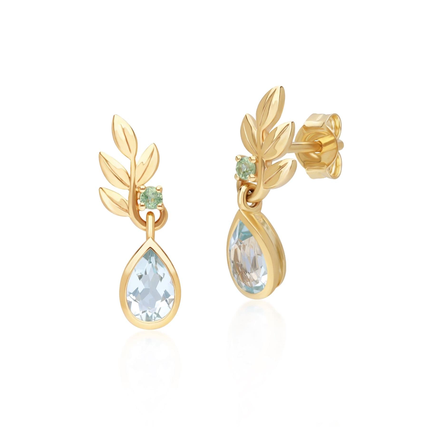 135E1858019 O Leaf Sky Blue topaz & Tsavorite Drop Earrings In 9ct Yellow Gold Front