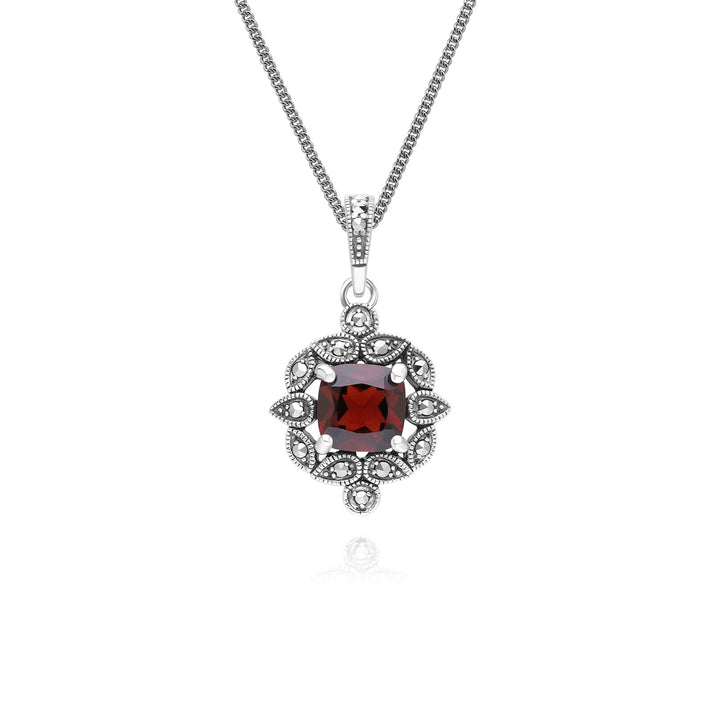 Halskette mit Anhänger im Art-Deco-Stil mit Granat- und Markasit-Kissen in Sterlingsilber
