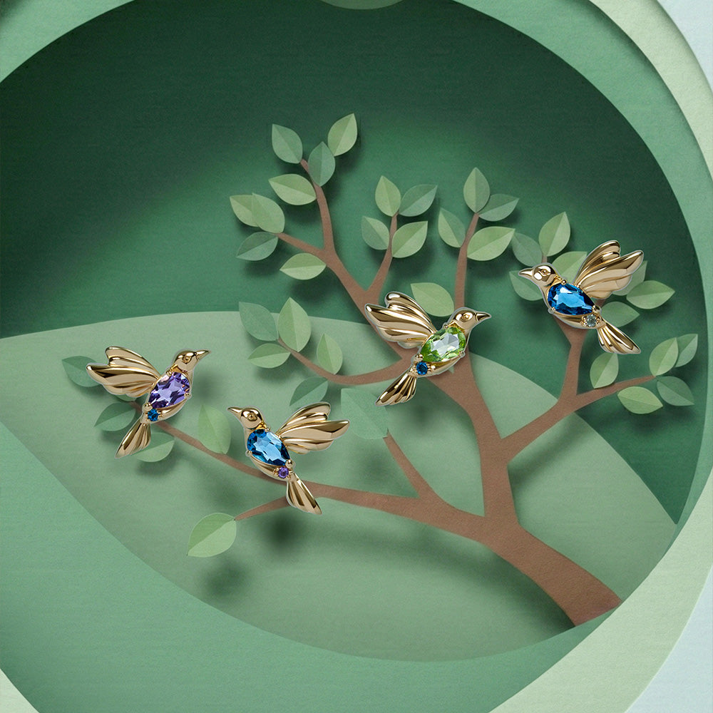 ECFEW™ Peridot and Blue Topaz Hummingbird Stud Earrings in 925 Sterling Silver