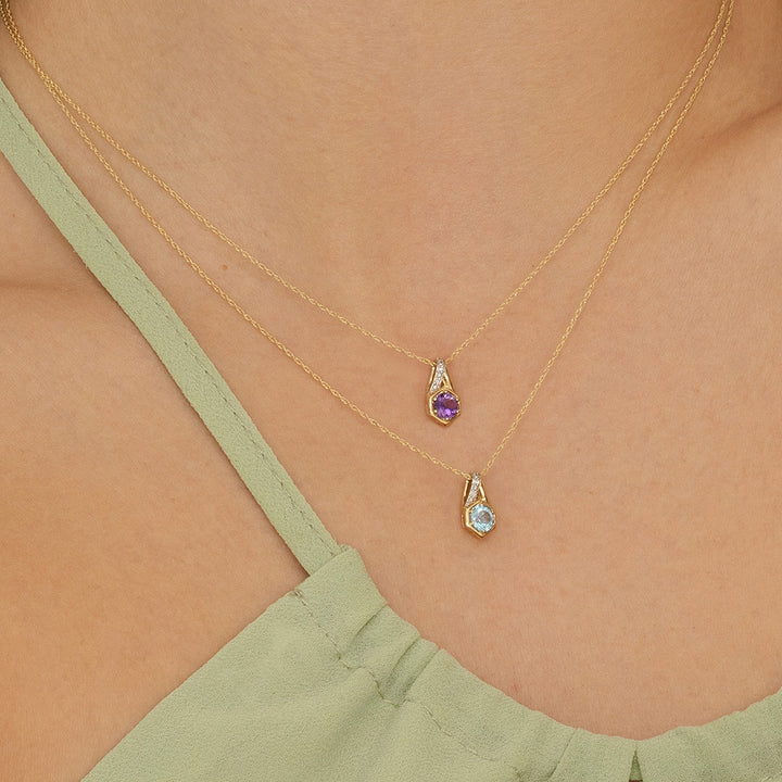 Geometric Hexagon with Prong set Round Amethyst and Diamond Pendant Necklace in 9ct Yellow Gold