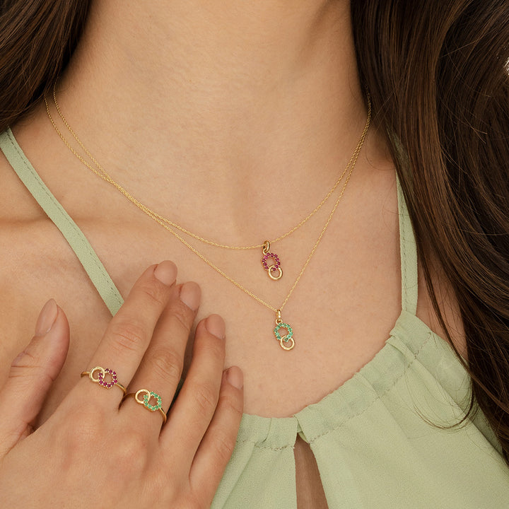 Geometric Hexagon and Round Linked with Prong set Emerald Pendant in 9ct Yellow Gold