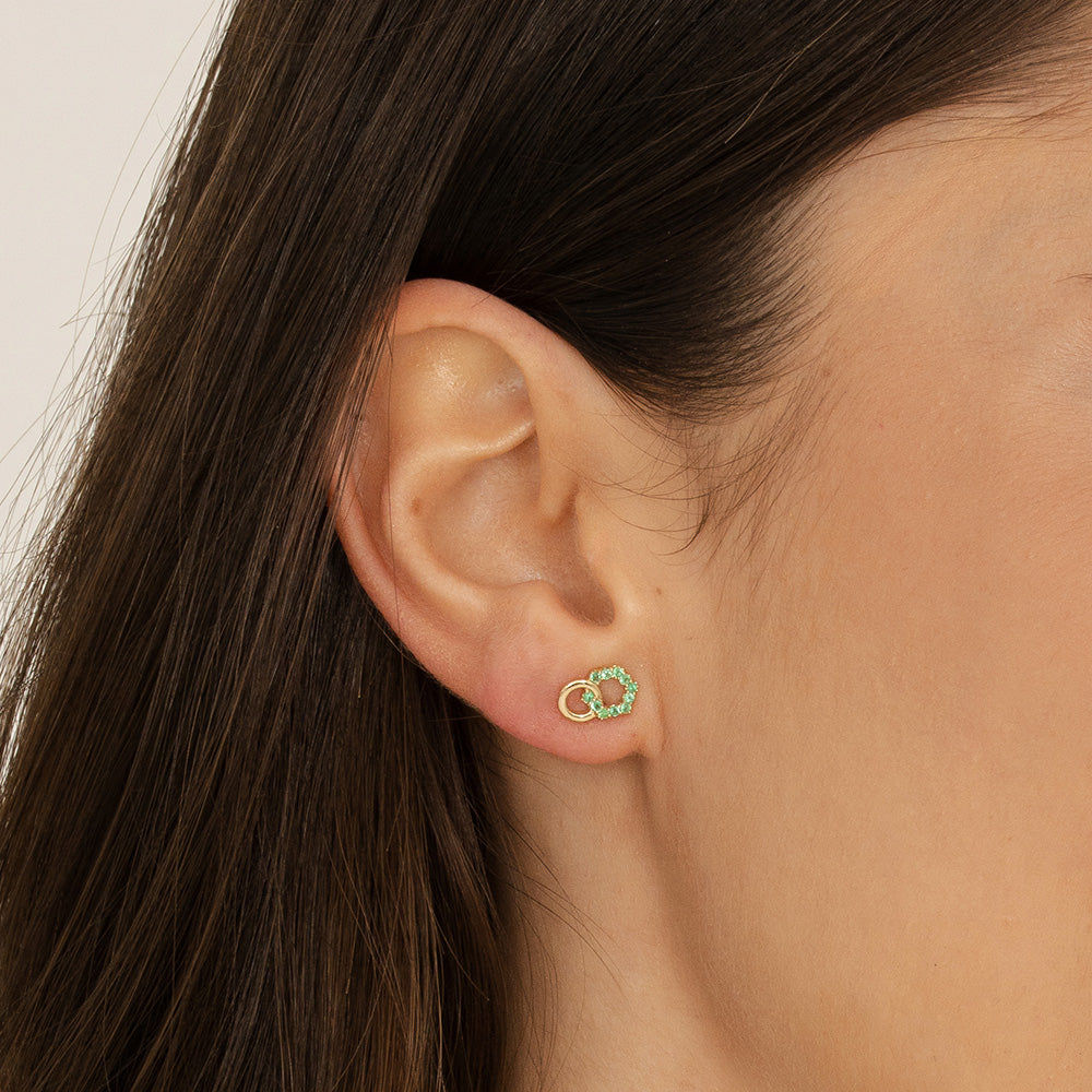 Geometric Hexagon and Round Linked with Prong set Emerald Stud Earrings in 9ct Yellow Gold