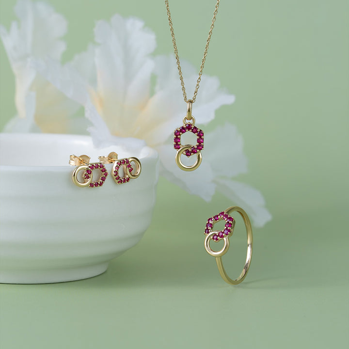 Geometric Hexagon and Round Linked with Prong set Ruby Stud Earrings in 9ct Yellow Gold