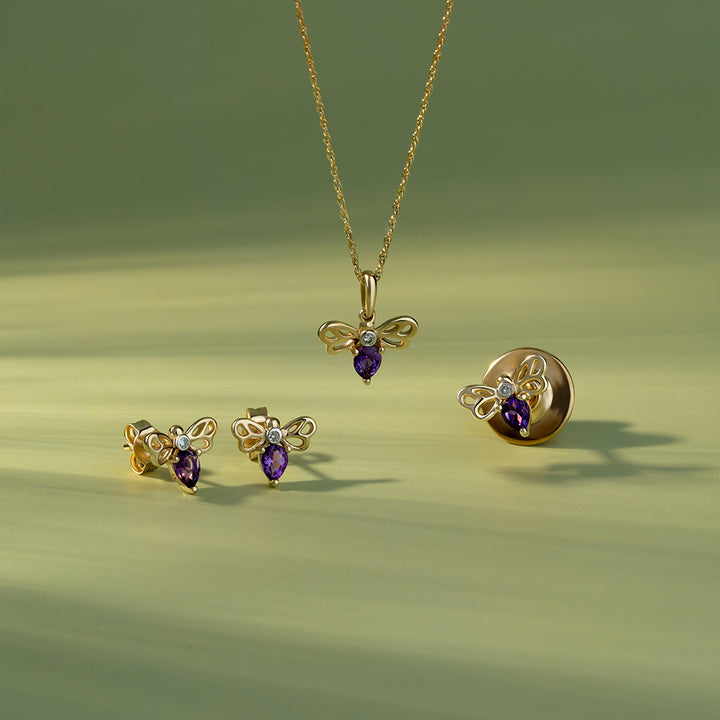 Honeycomb Art Nouveau Pear Shape Amethyst and Diamond Bee Pin in 9ct Yellow Gold