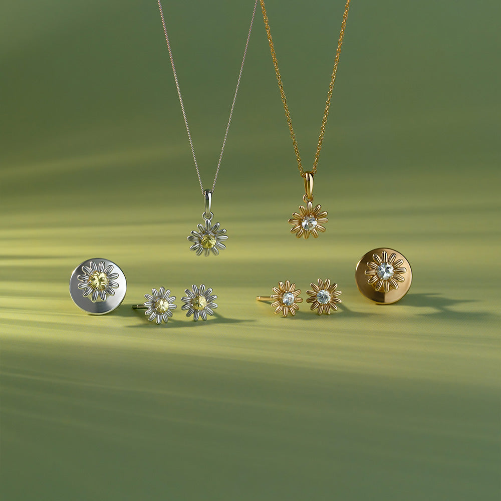 Gardenia Daisy Yellow Sapphire Floral Halo Flower Pendant Necklace in Solid 9ct White Gold