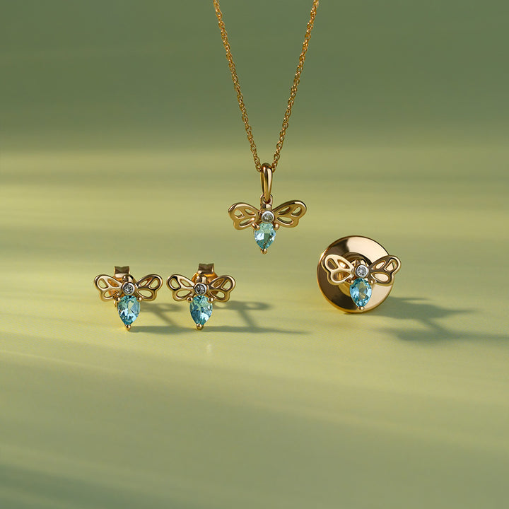 Honeycomb Art Nouveau Pear Shape Topaz and Diamond Bee Pendant Necklace in 9ct Yellow Gold