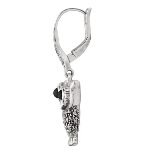 27424 Art Deco Style Round Black Onyx & Marcasite Owl Drop Earrings in 925 Sterling Silver 2