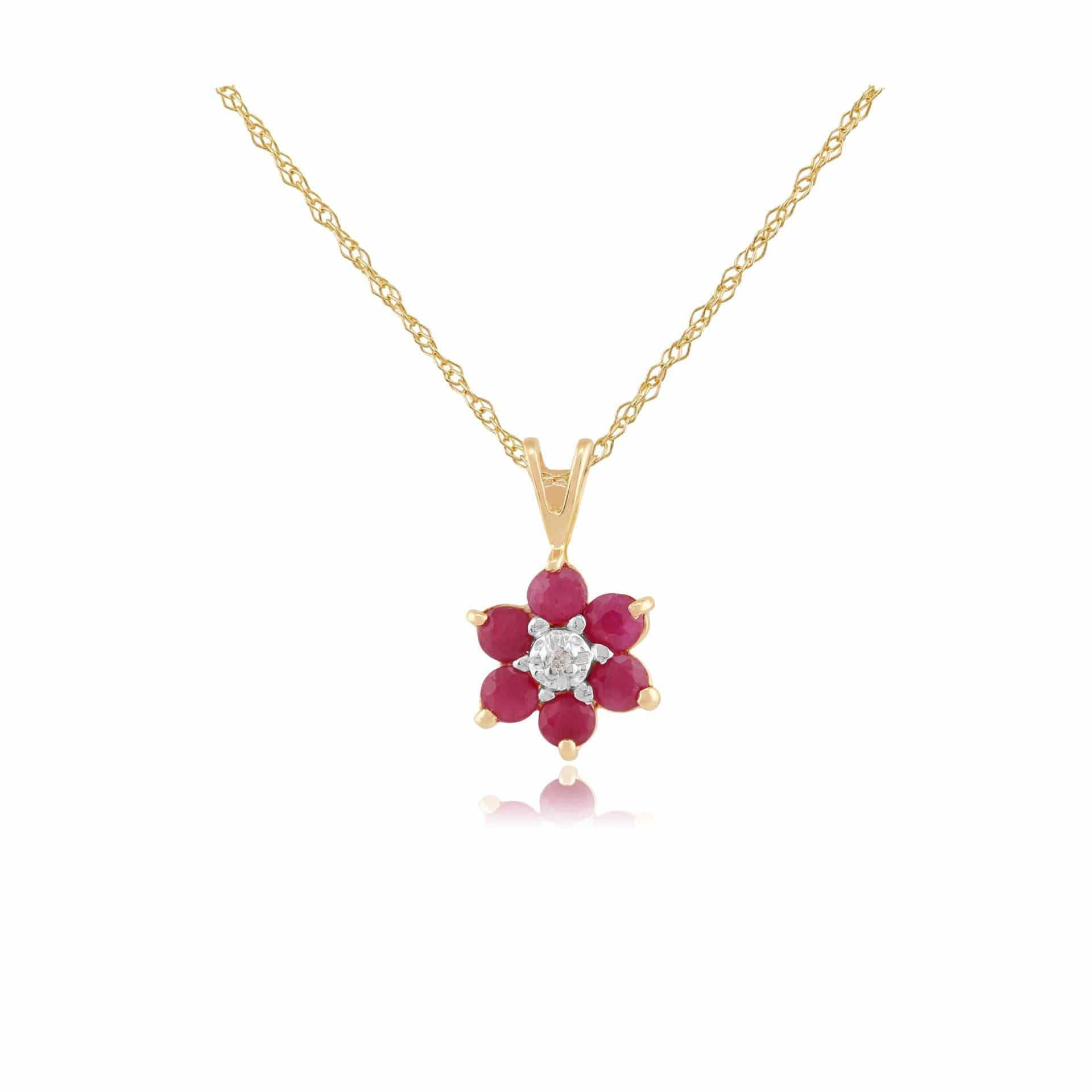 Floral Round Ruby & Diamond Cluster Pendant in 9ct Yellow Gold - Gemondo