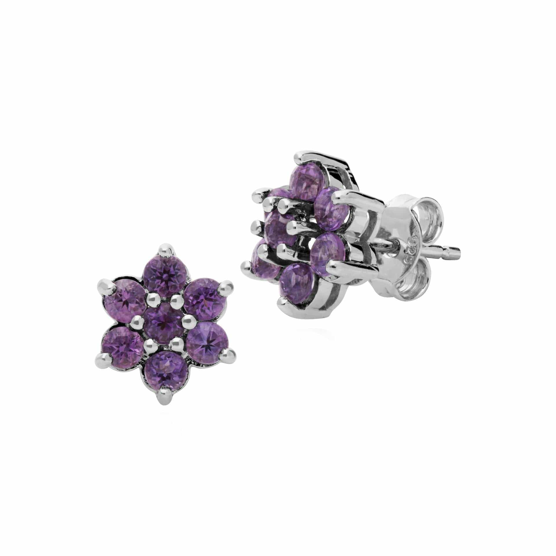 270E014011925 Floral Round Amethyst Cluster Stud Earrings in 925 Sterling Silver 1
