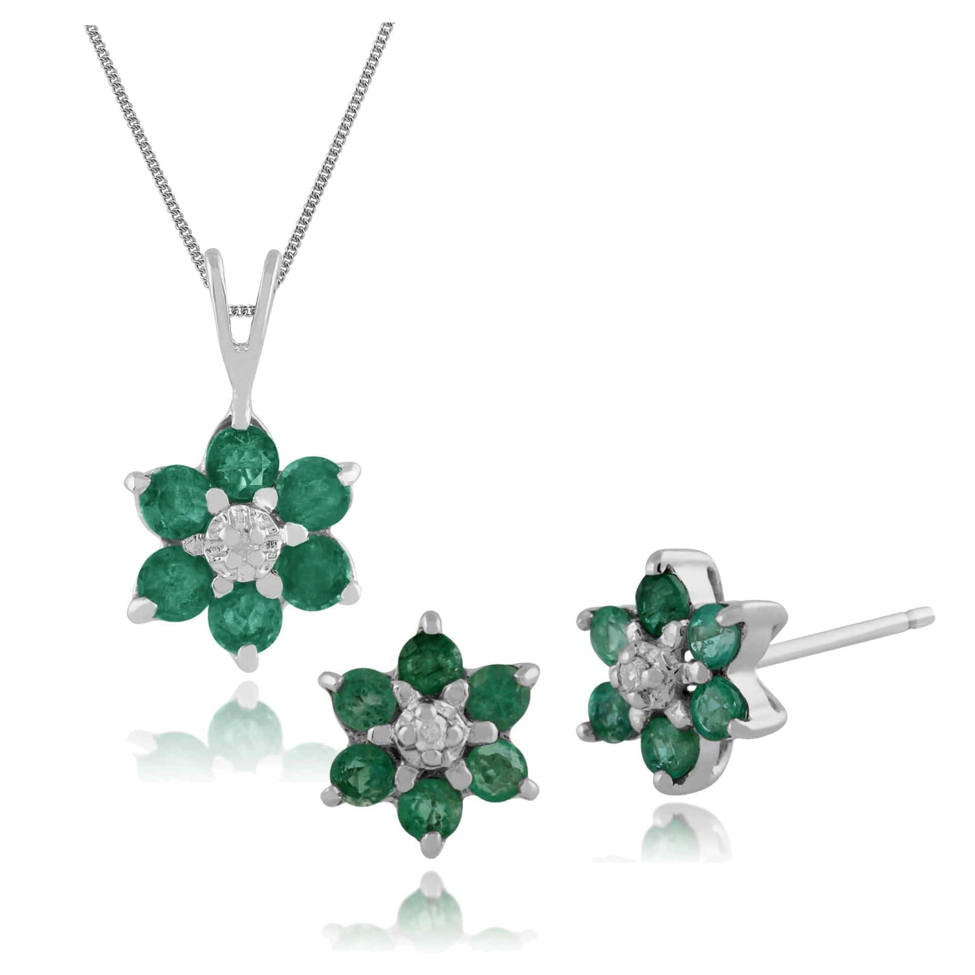 117E0009039-117P0625039 Floral Round Emerald & Diamond Flower Cluster Stud Earrings & Pendant Set in 9ct White Gold 1