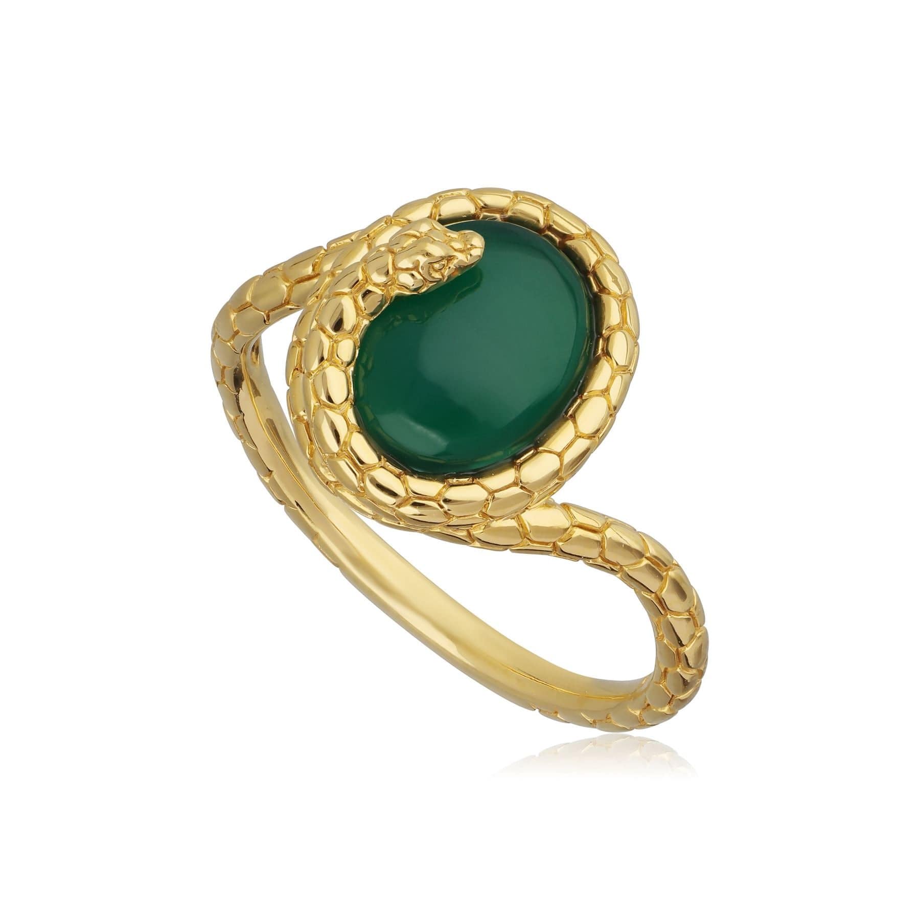 253R644801925 ECFEW™ Dyed Green Chalcedony Winding Snake Ring In Yellow Gold Plated Silver 1