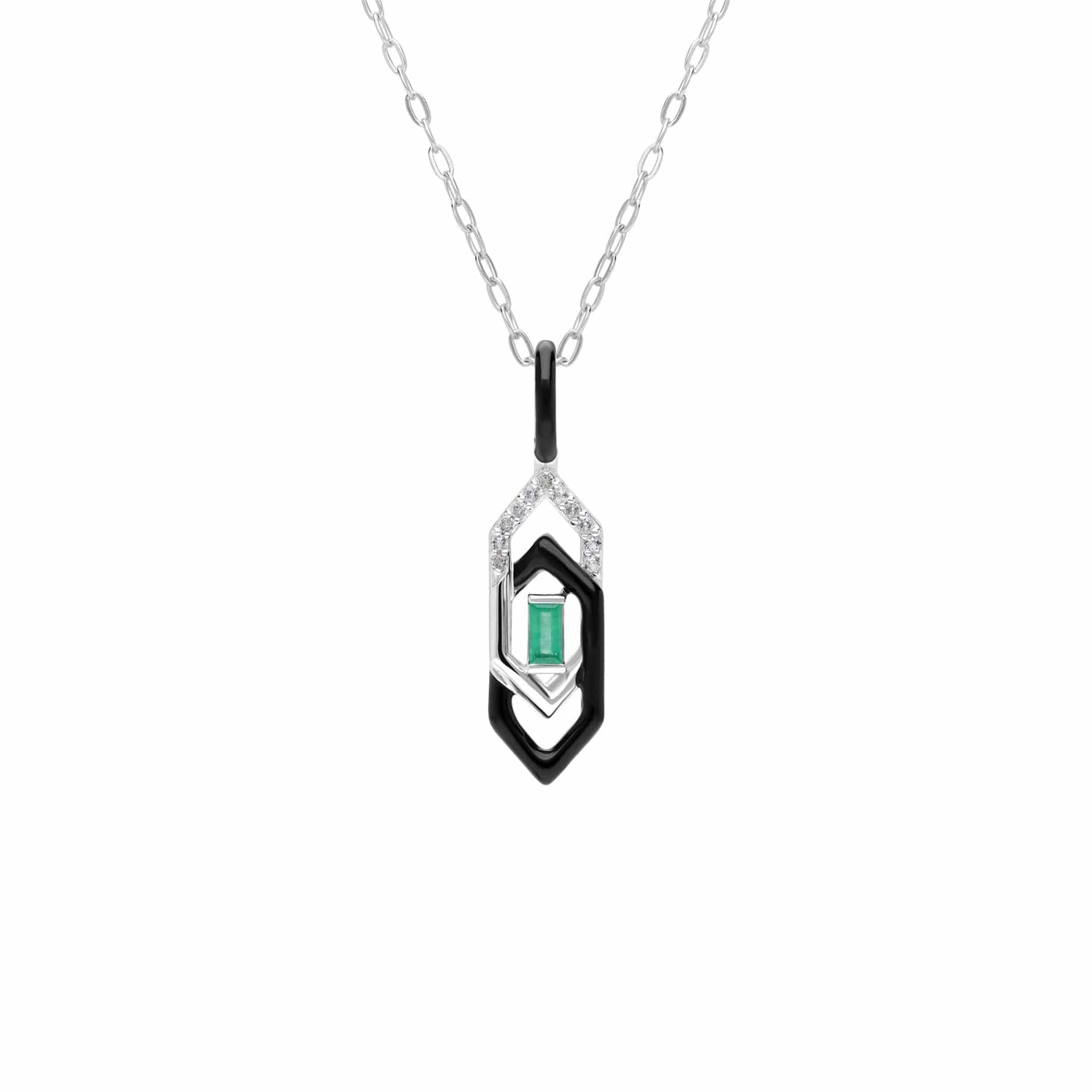 162P0262029 Grand Deco Black Enamel, White Topaz & Emerald Pendant in 9ct White Gold 1