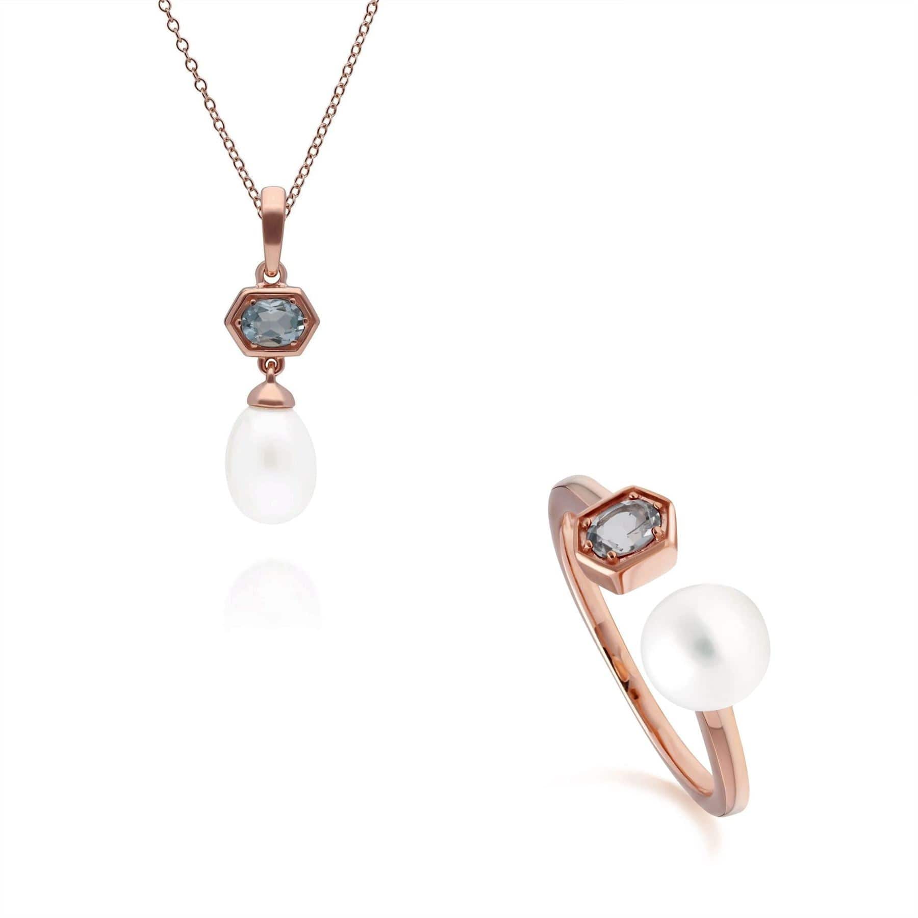 Modern Pearl & Aquamarine Pendant & Ring Set in Rose Gold Plated Silver - Gemondo