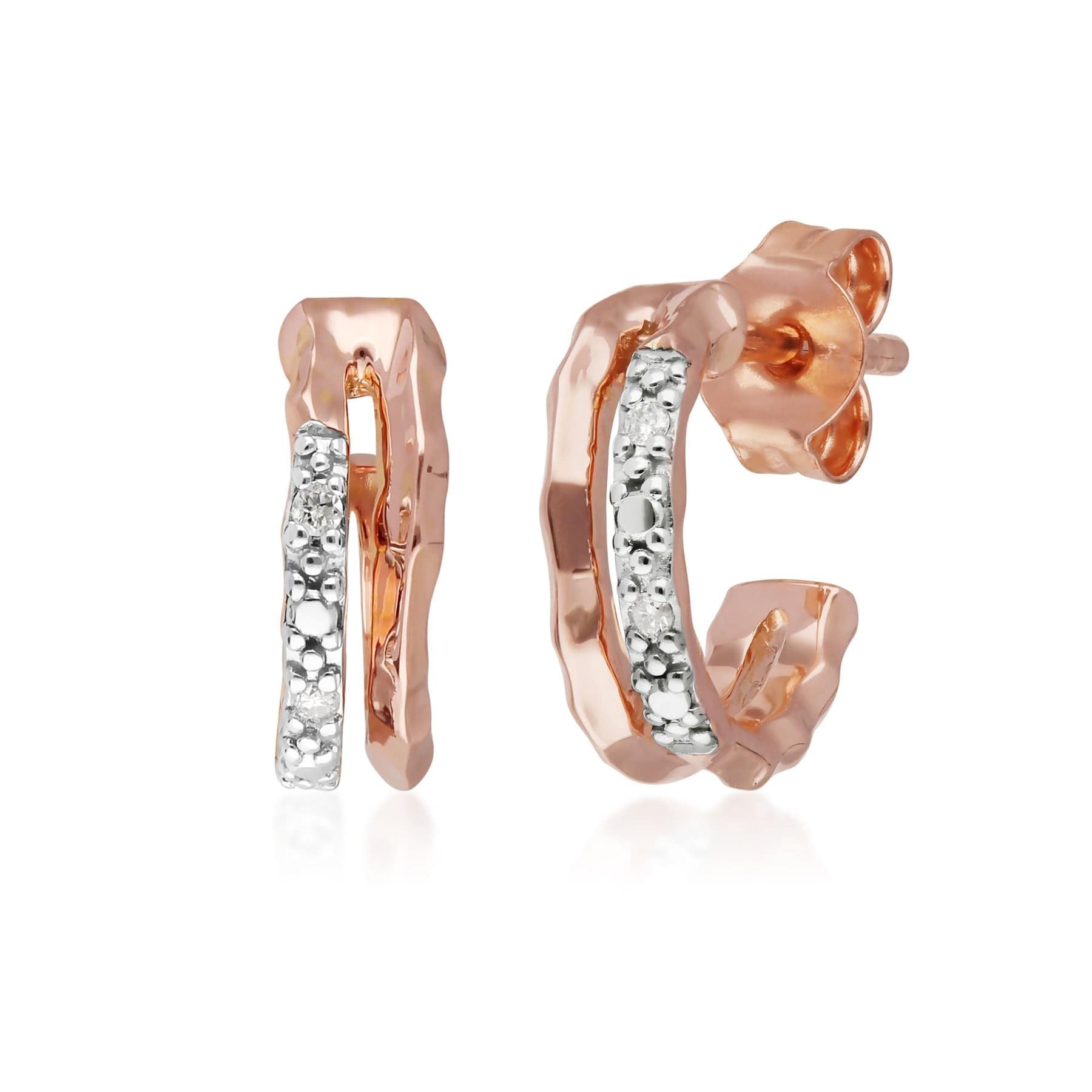 191E0405019 Diamond Pavé Double Hammered Mini Hoop Earrings in 9ct Rose Gold 1