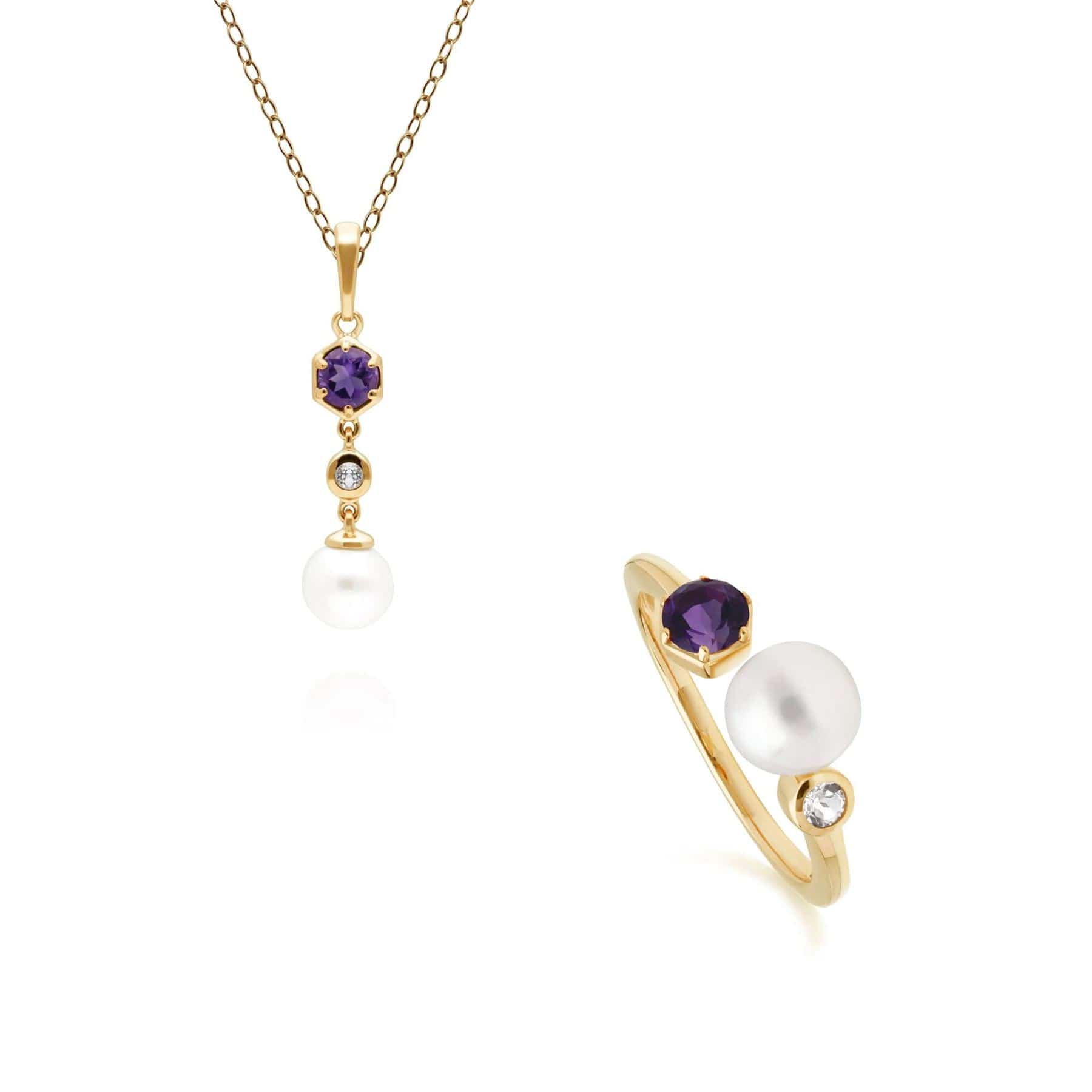270P030104925-270R058604925 Modern Pearl, Topaz & Amethyst Pendant & Ring Set in Gold Plated Silver 1