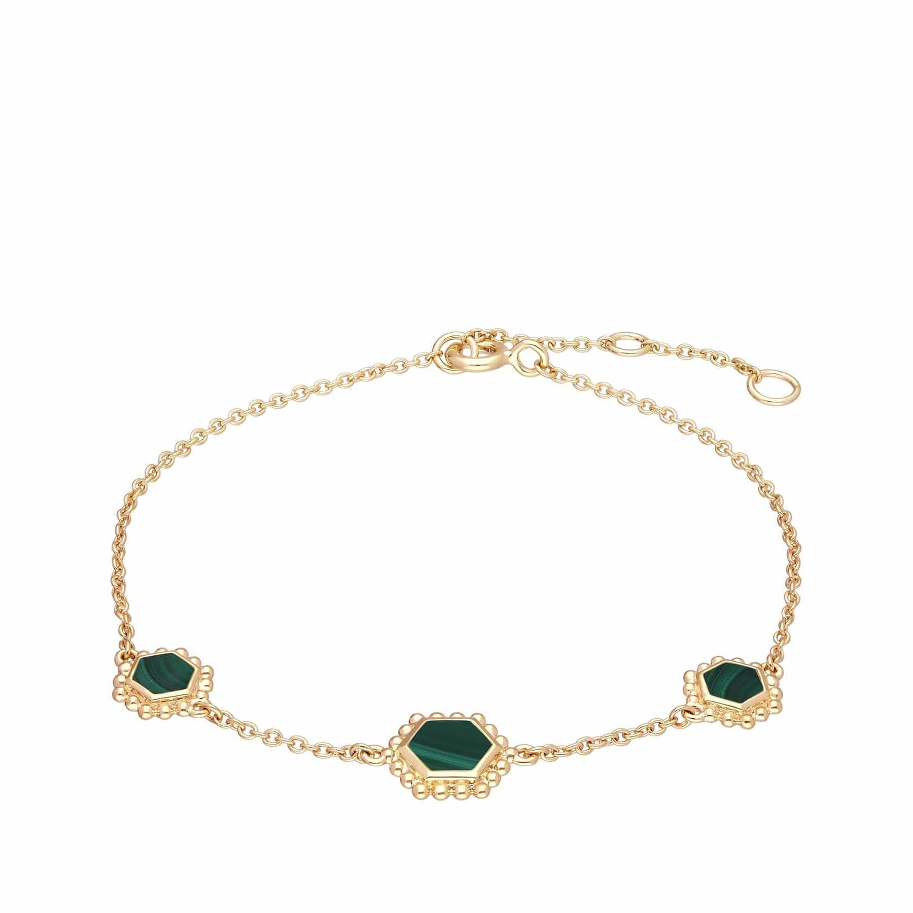 271L007802925 Malachite Flat Slice Hex Chain Bracelet in Gold Plated Silver 1