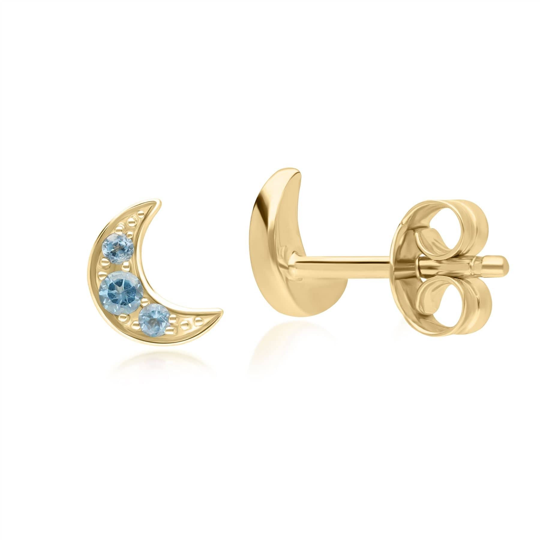Night Sky London Blue Topaz Moon Stud Earrings in 9ct Yellow Gold - Gemondo