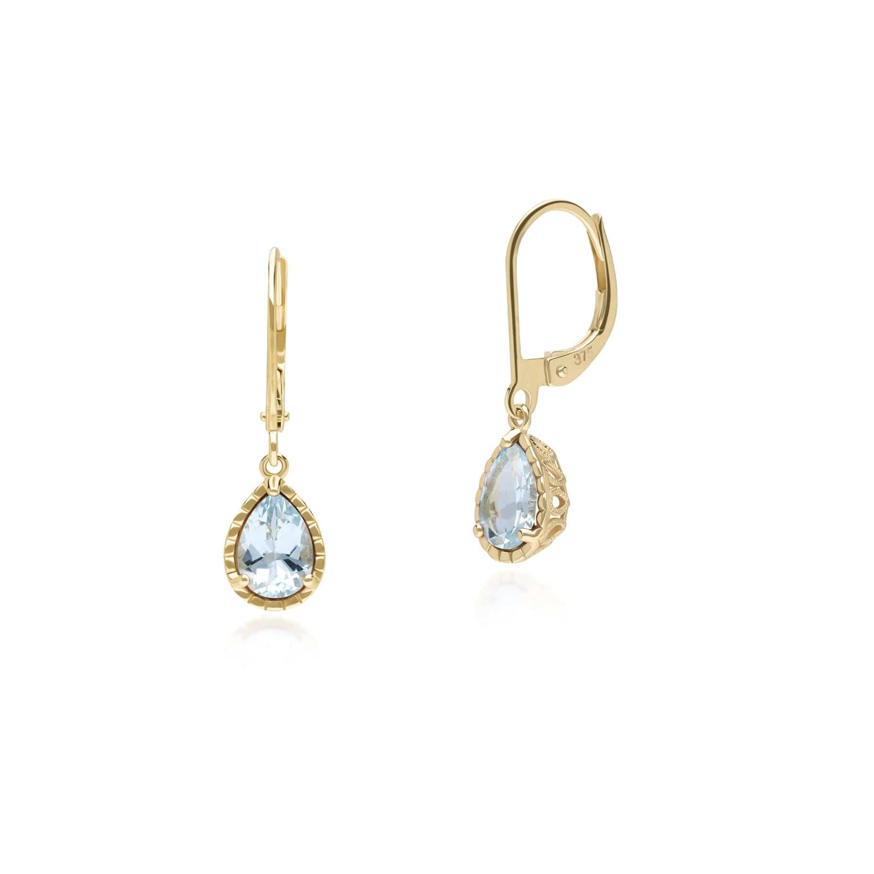 135E1811059 Classic Pear Aquamarine Dangle Earrings in 9ct Yellow Gold 1