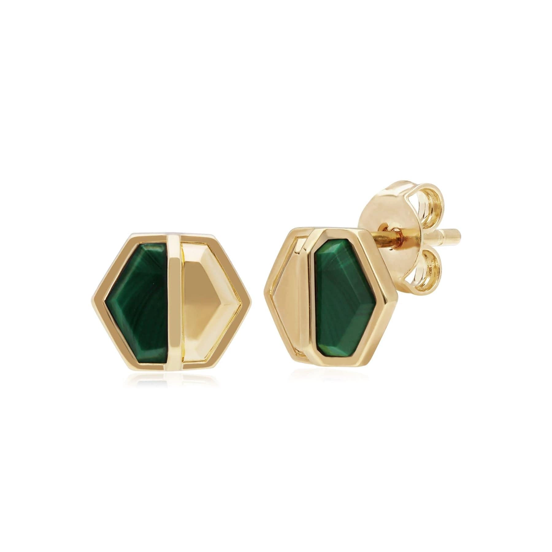 270E027503925 Micro Statement Malachite Hexagon Stud Earrings in Gold Plated Silver 1