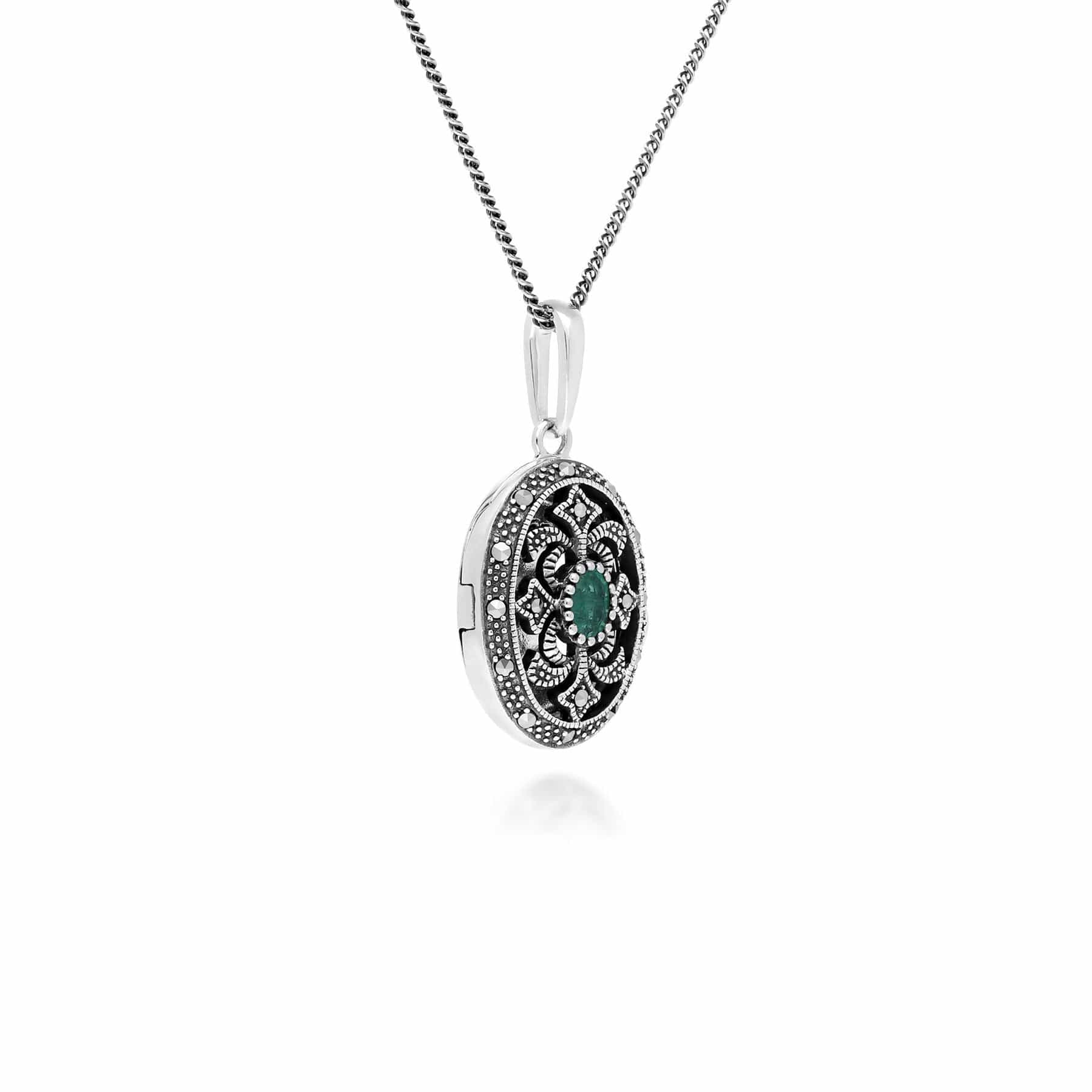Art Nouveau Style Oval Emerald & Marcasite Locket Necklace in 925 Sterling Silver - Gemondo