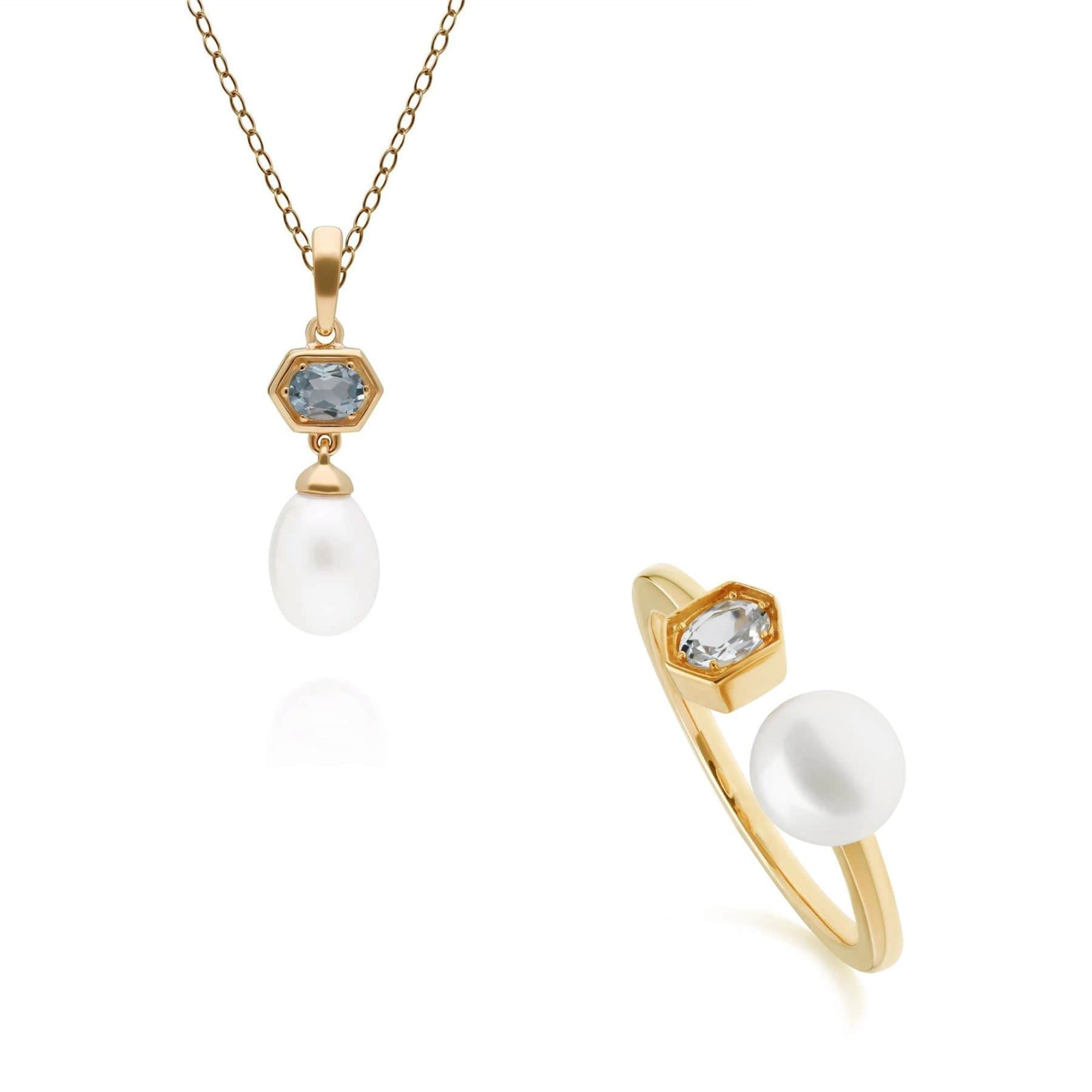 Modern Pearl & Aquamarine Pendant & Ring Set in Gold Plated Silver - Gemondo