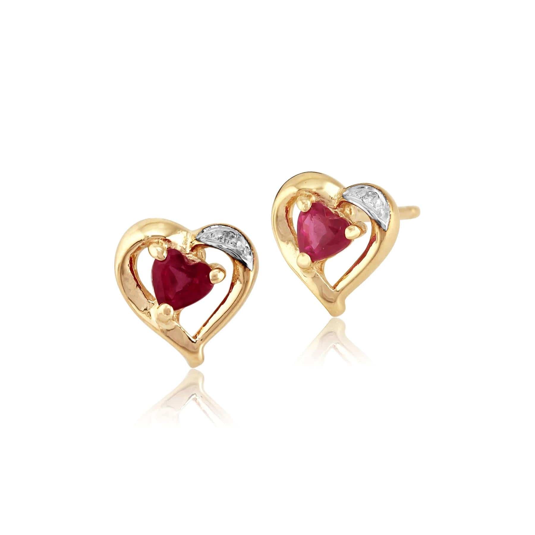 Classic Heart Ruby & Diamond Heart Stud Earrings & Pendant Set in 9ct Gold - Gemondo