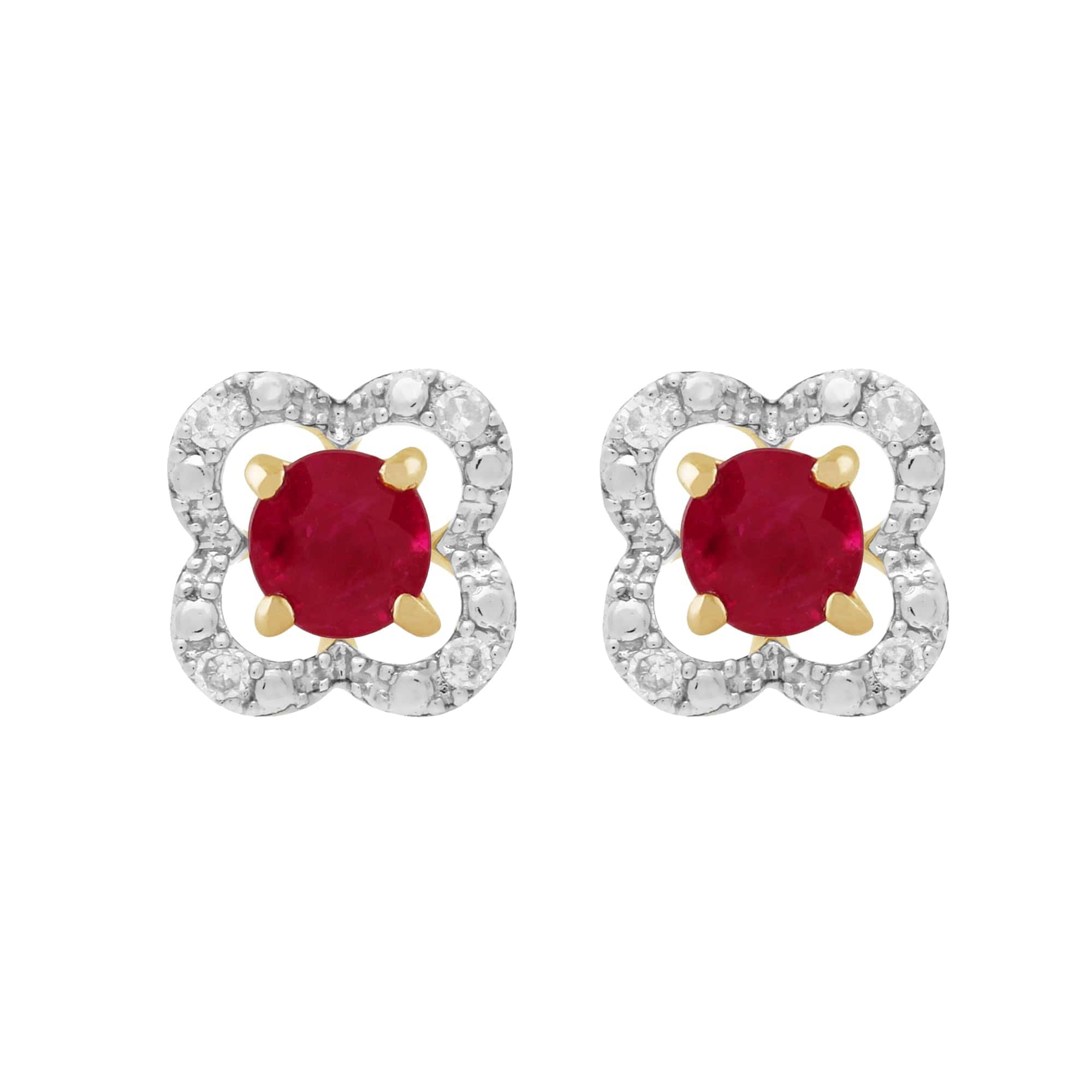 11570-191E0375019 Classic Round Ruby Stud Earrings with Detachable Diamond Floral Ear Jacket in 9ct Yellow Gold 1
