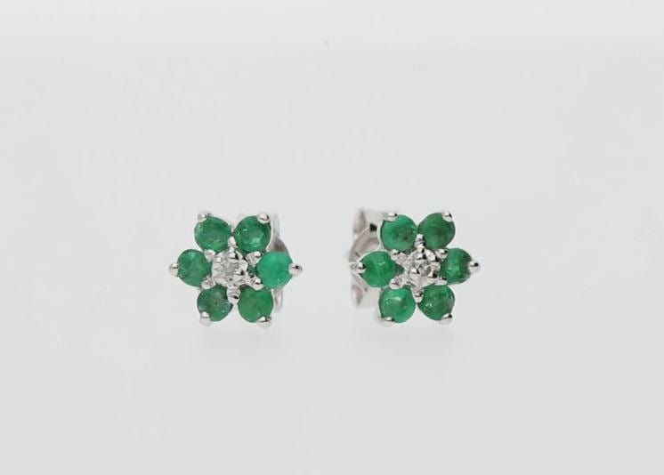 117E0009039 Classic Emerald & Diamond Floral Stud Earrings in 9ct White Gold 2