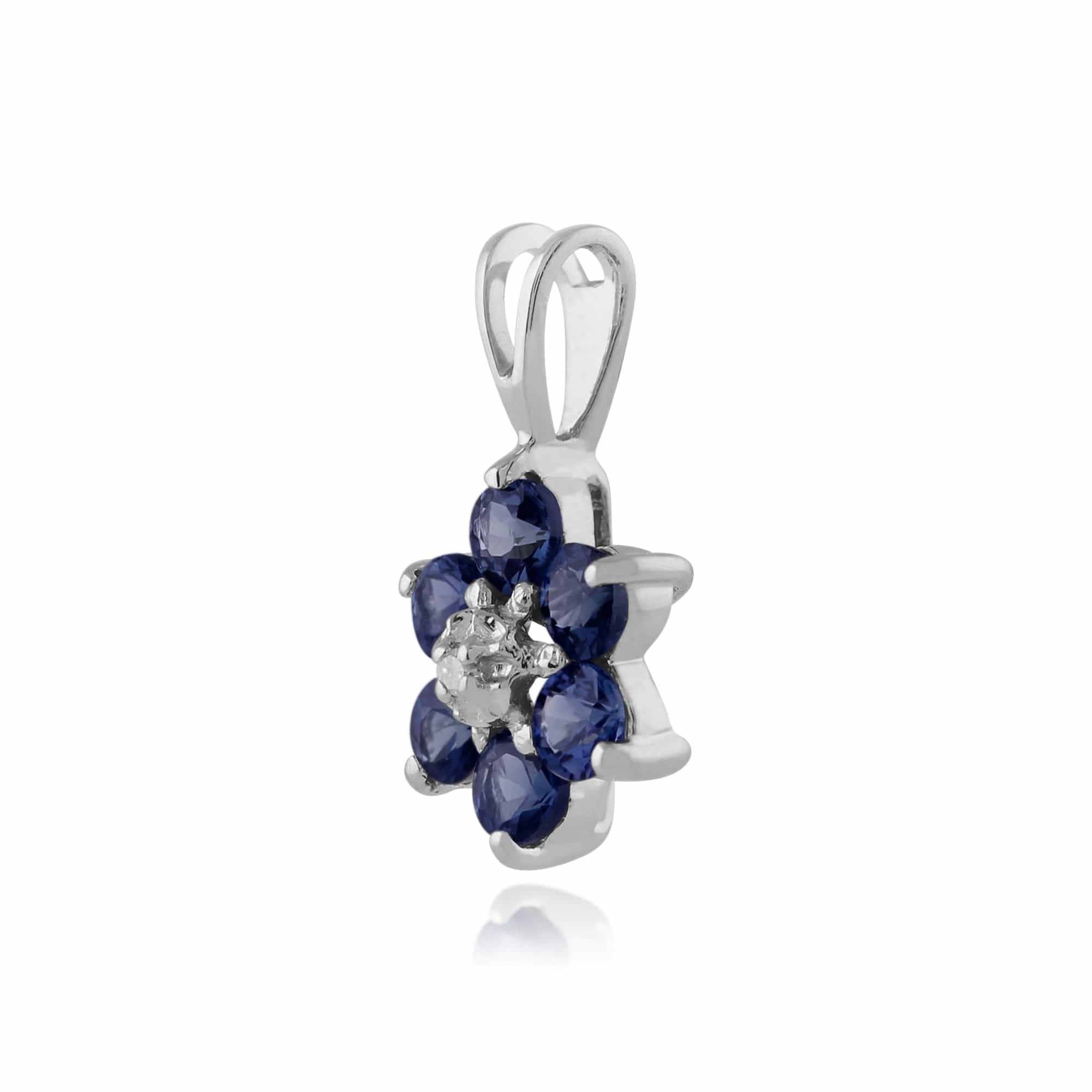 Floral Round Sapphire & Diamond Cluster Pendant in 9ct White Gold - Gemondo
