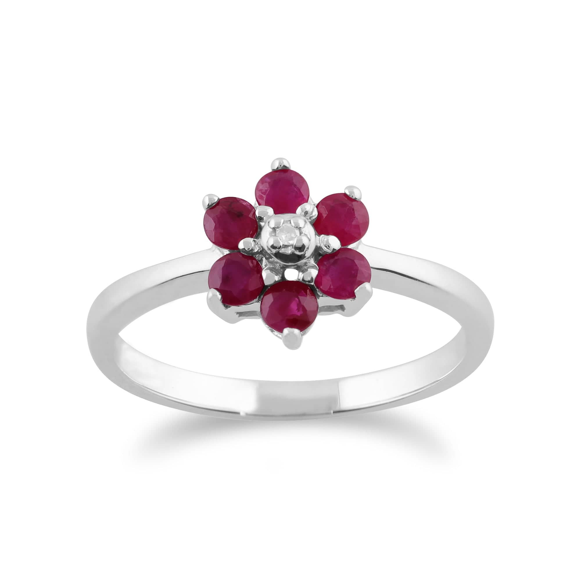 Floral Round Ruby & Diamond Cluster Ring in 9ct White Gold