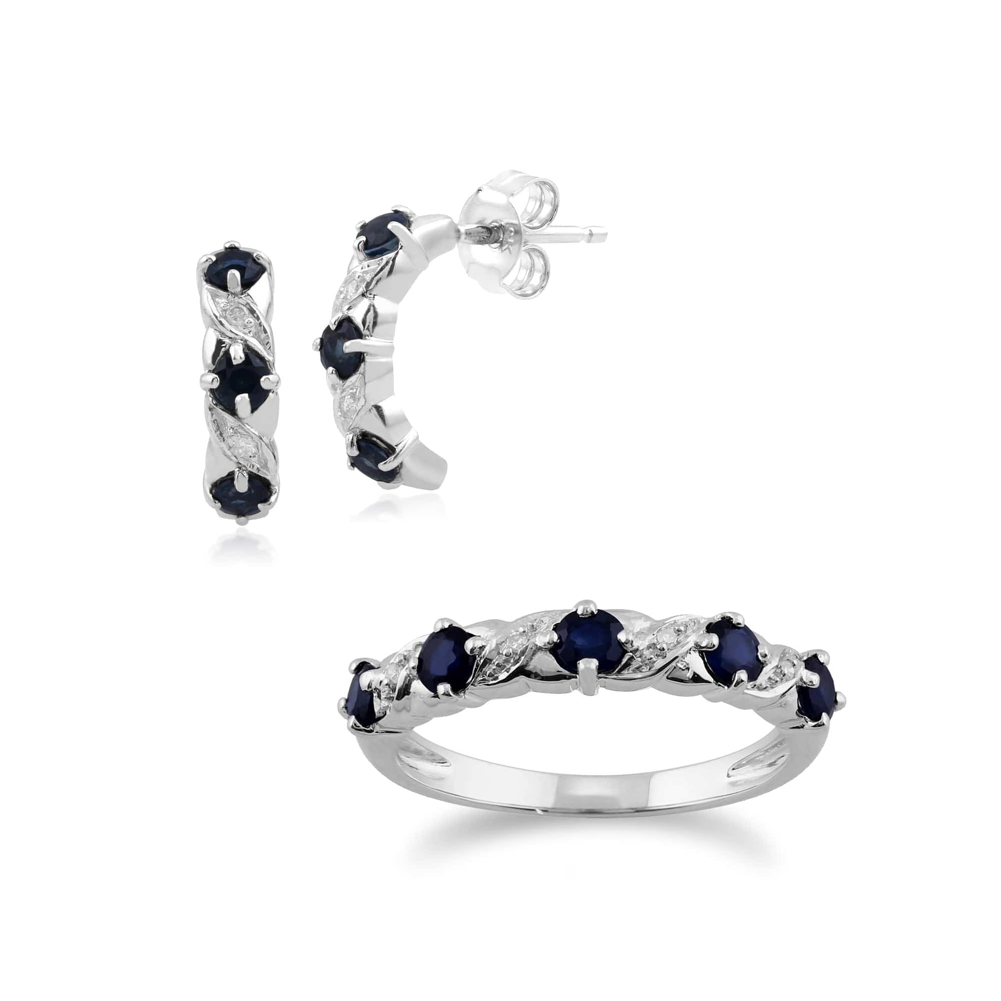 162E0238039-117R0070019 Classic Round Sapphire & Diamond Half Hoop Earrings & Half Eternity Ring Set in 9ct White Gold 1