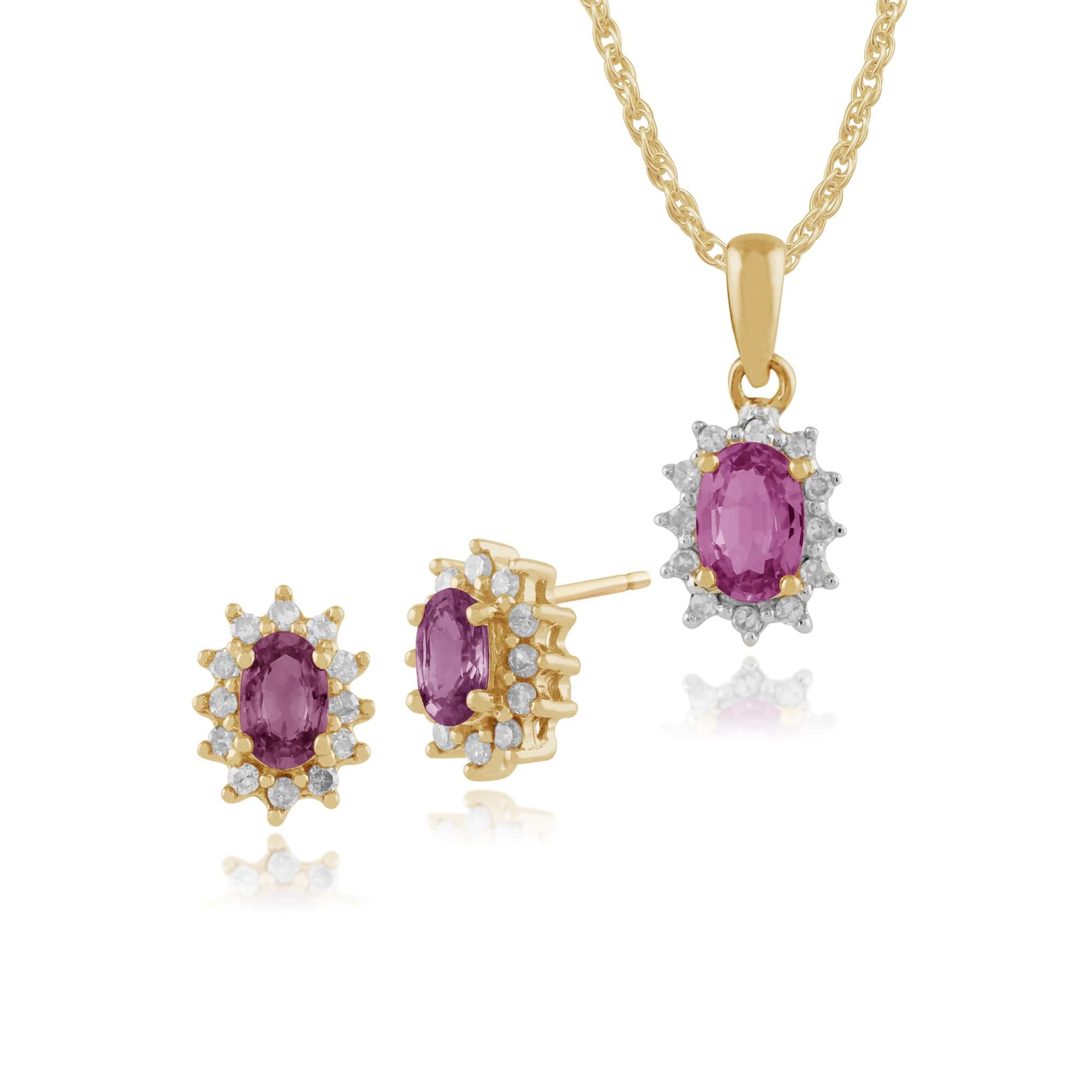 6998-118P0120059 Classic Oval Pink Sapphire & Diamond Cluster Stud Earrings & Pendant Set in 9ct Yellow Gold 1
