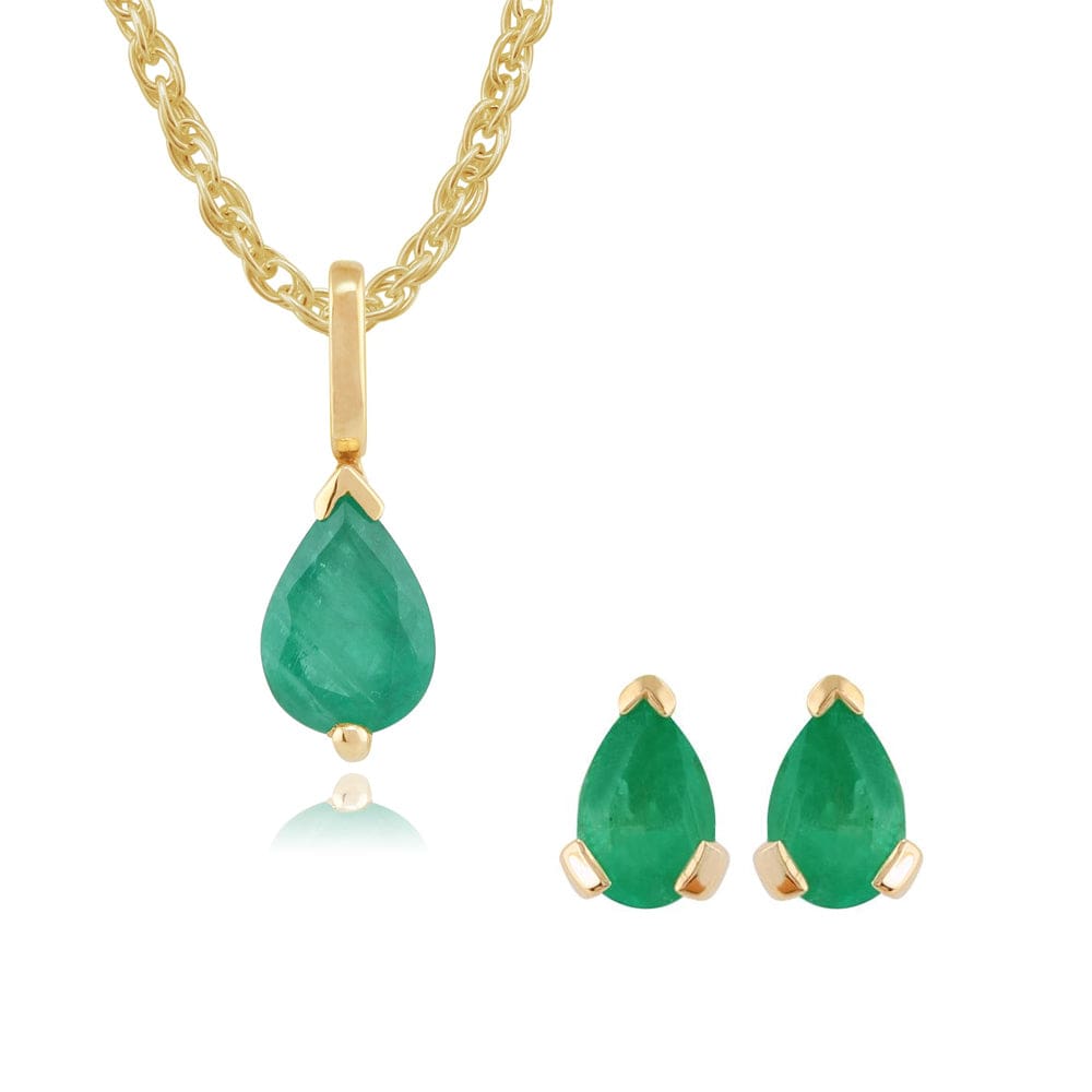 26866-27021 Classic Pear Emerald Single Stone Stud Earrings & Pendant Set in 9ct Yellow Gold 1