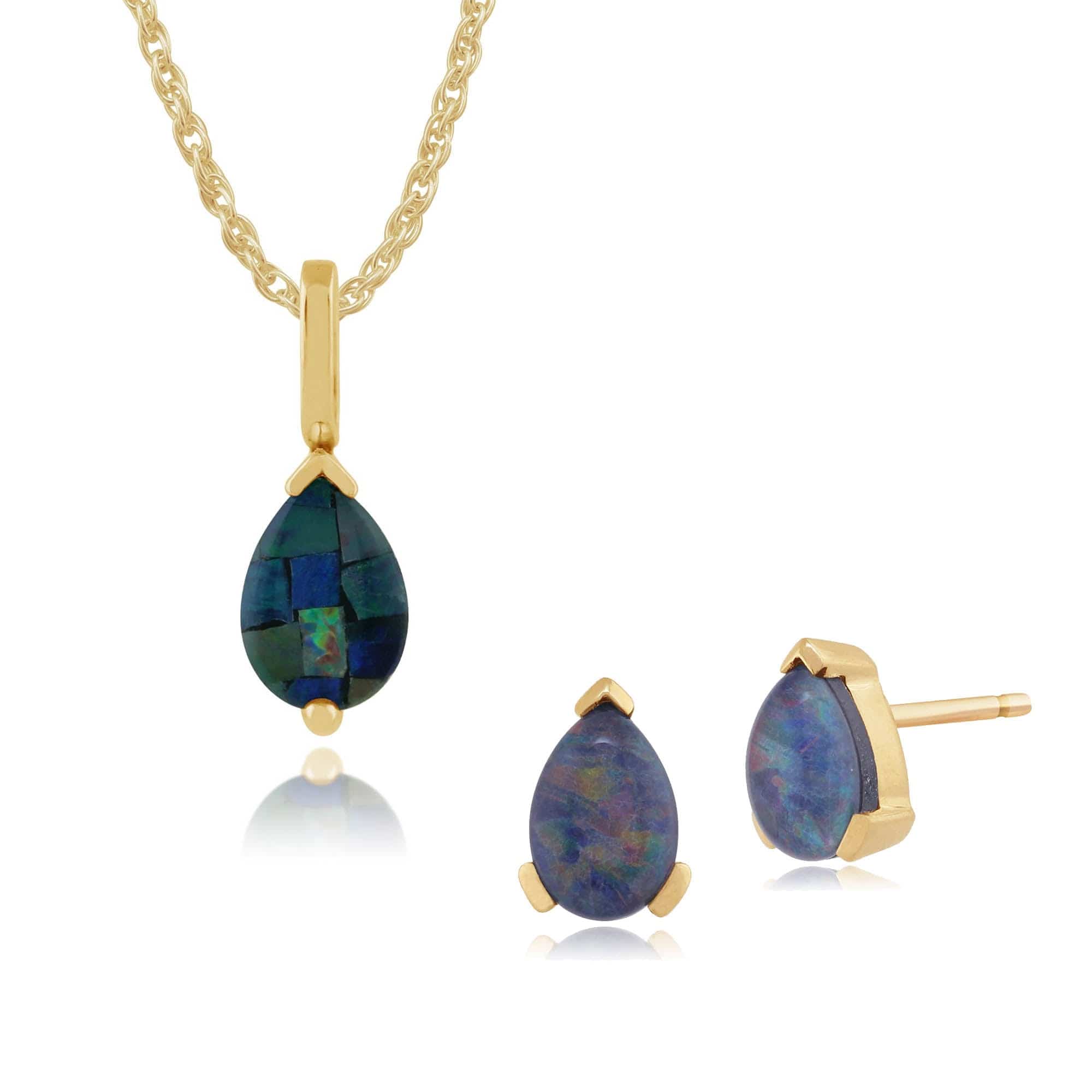 123E0606179-123P0117249 Classic Pear Triplet Opal Single Stone Stud Earrings & Pendant Set in 9ct Yellow Gold 1