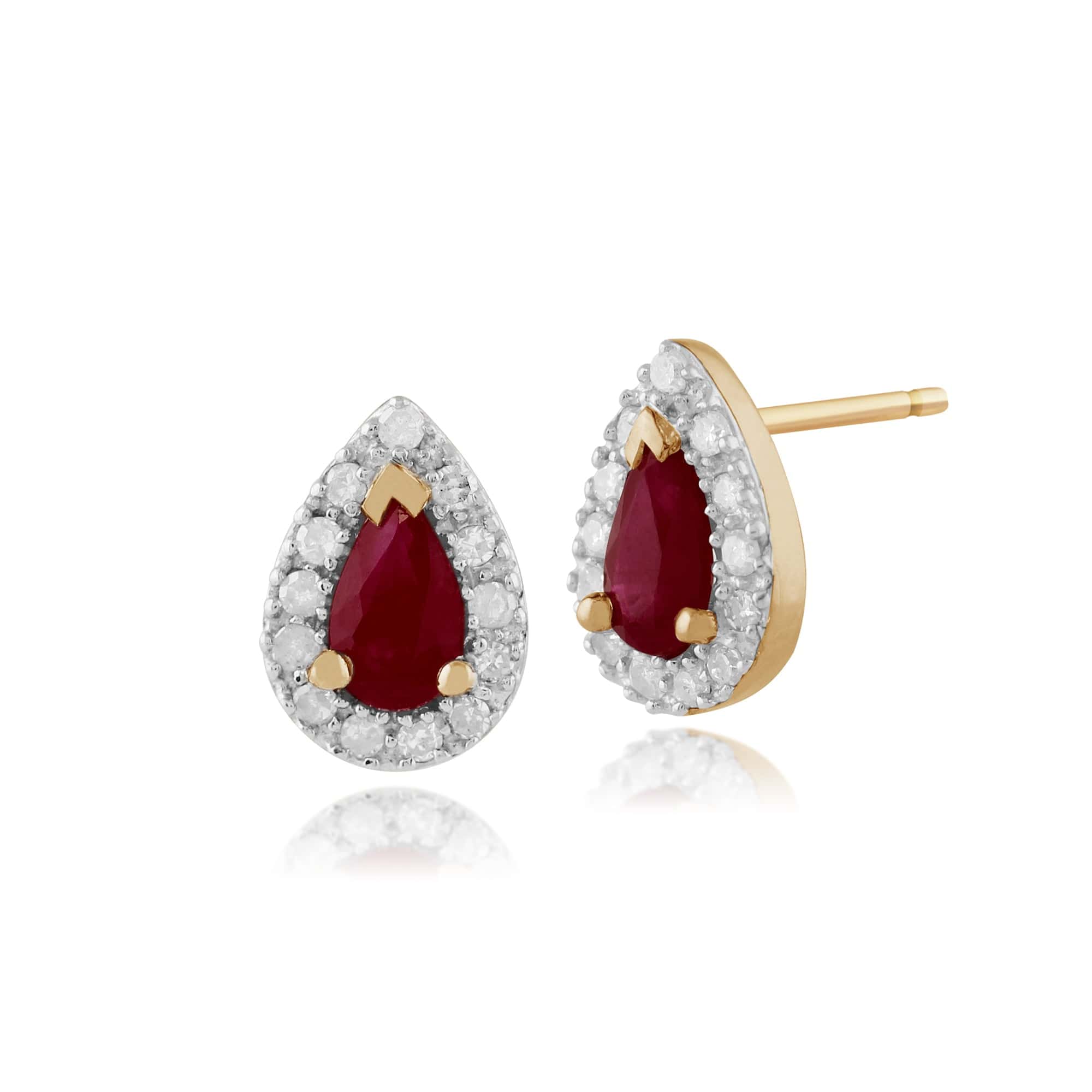 Classic Pear Ruby & Diamond Cluster Stud Earrings in 9ct Yellow Gold - Gemondo