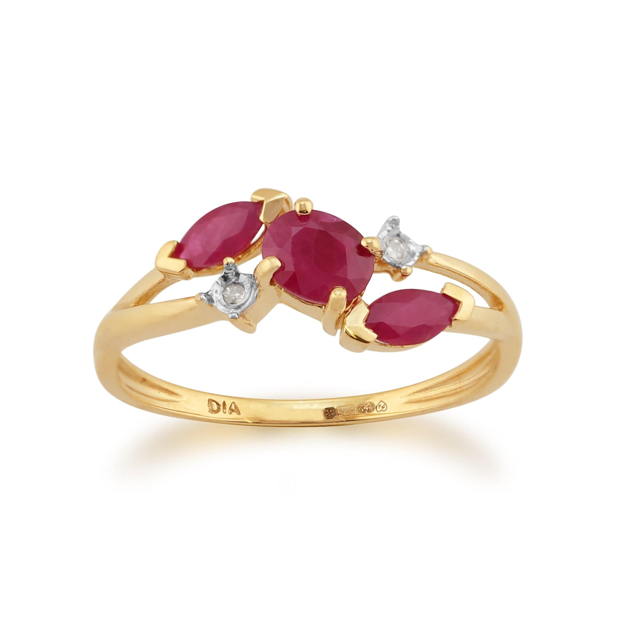 Contemporary Marquise Ruby & Diamond Three Stone Ring in 9ct Yellow Gold