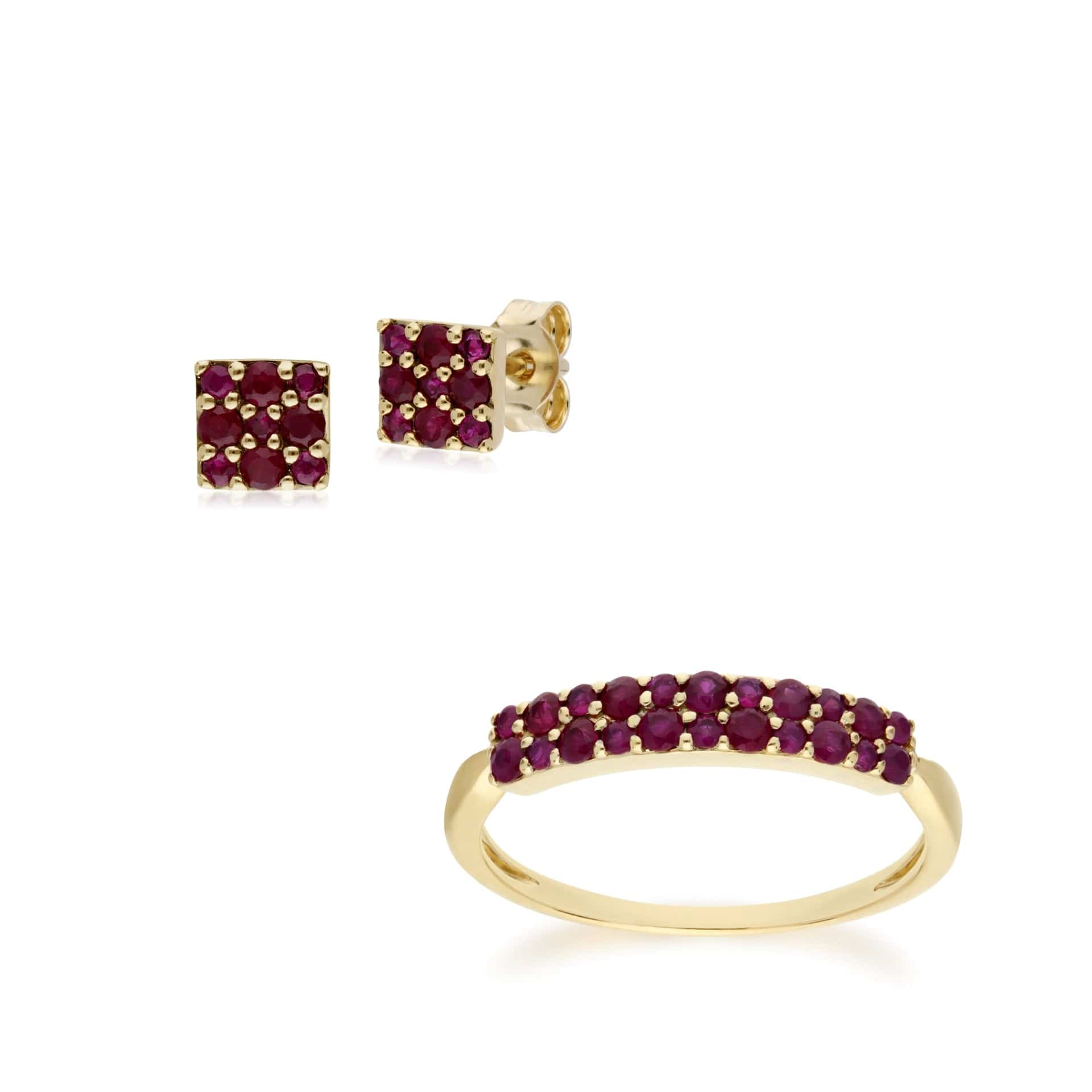 132E2573029-132R8081029 Classic Round Ruby Cluster Panel Stud Earrings & Ring Set in 9ct Yellow Gold 1