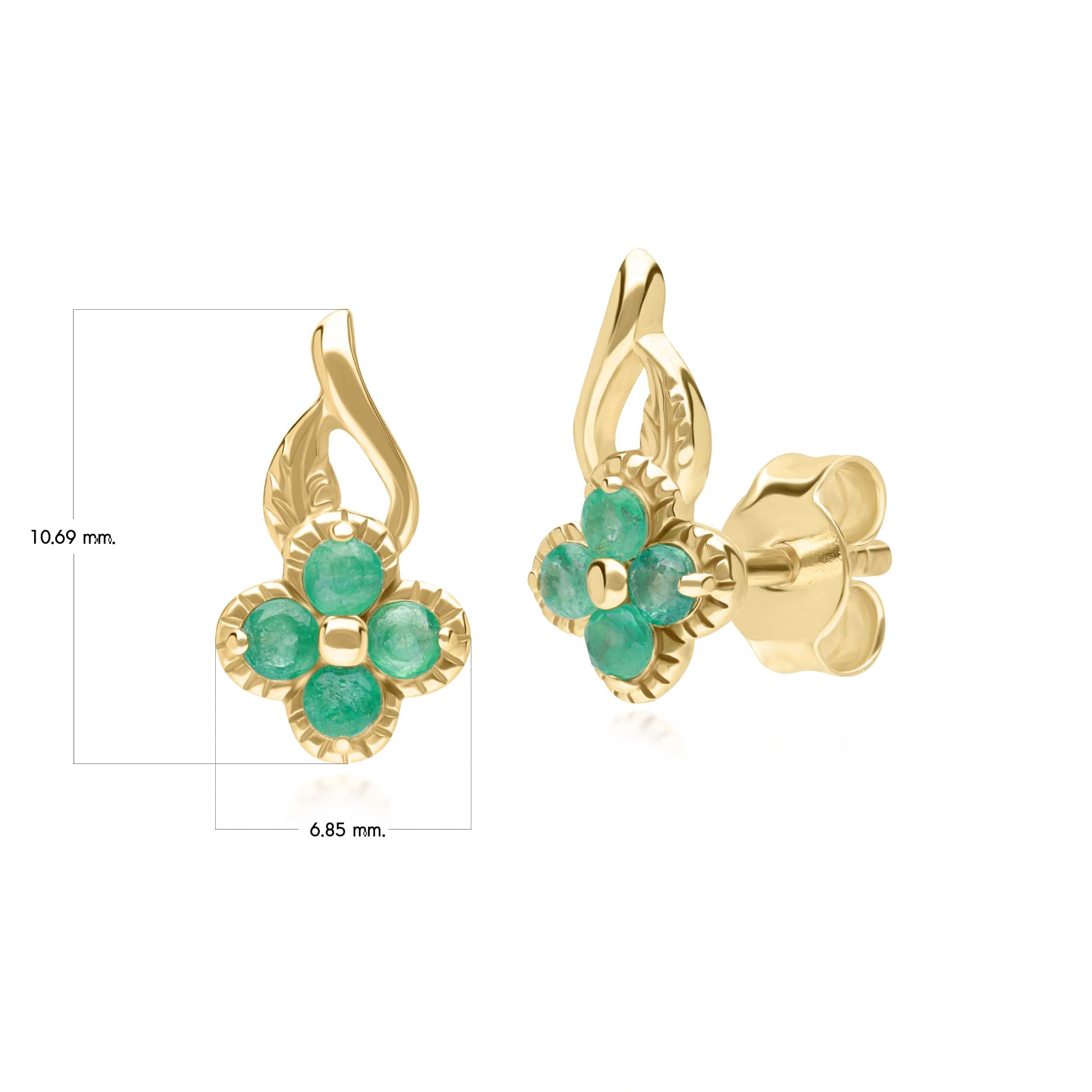 135E1812019 Floral Round Emerald Stud Earrings in 9ct Yellow Gold 4