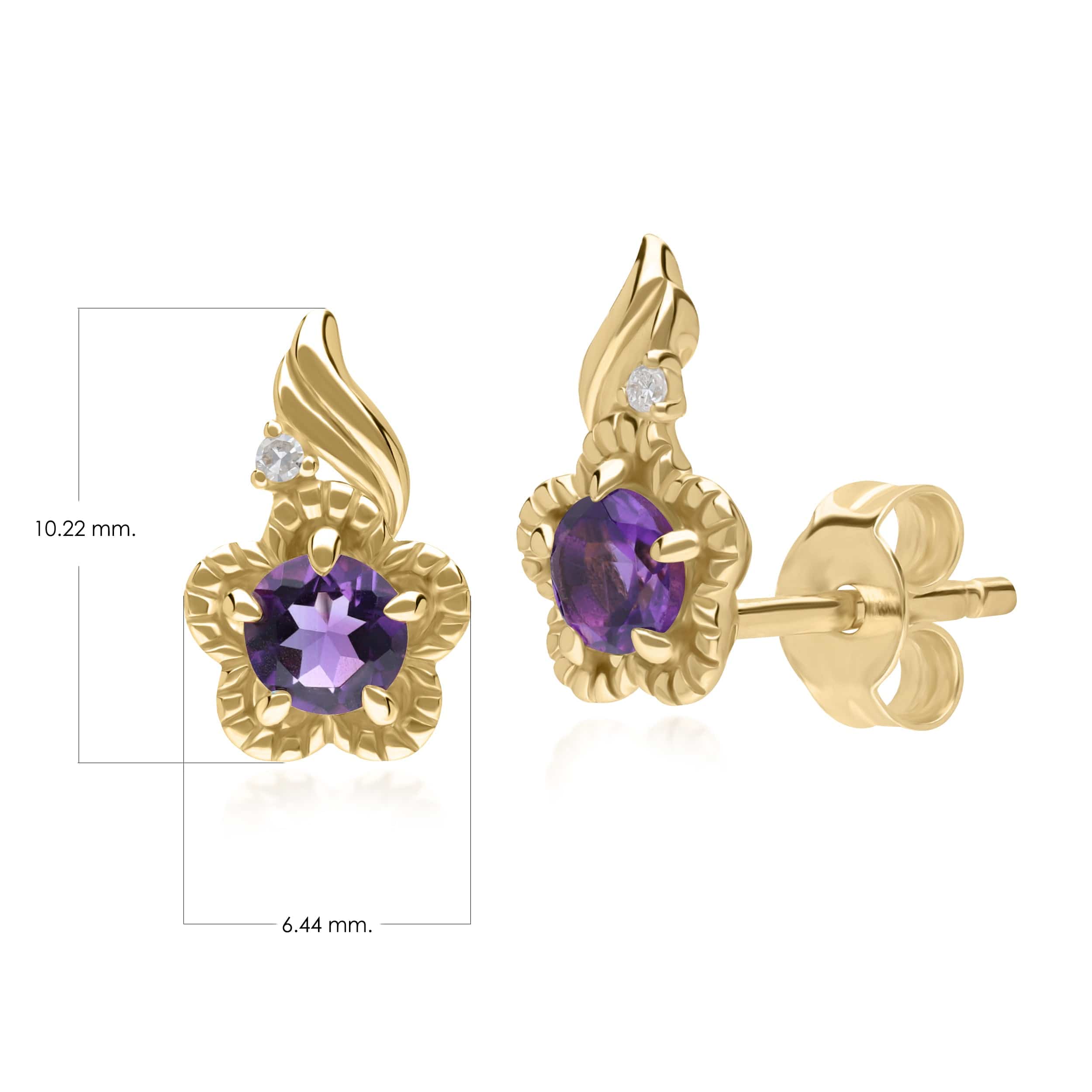 135E1813049 Floral Round Amethyst & Diamond Stud Earrings in 9ct Yellow Gold 4